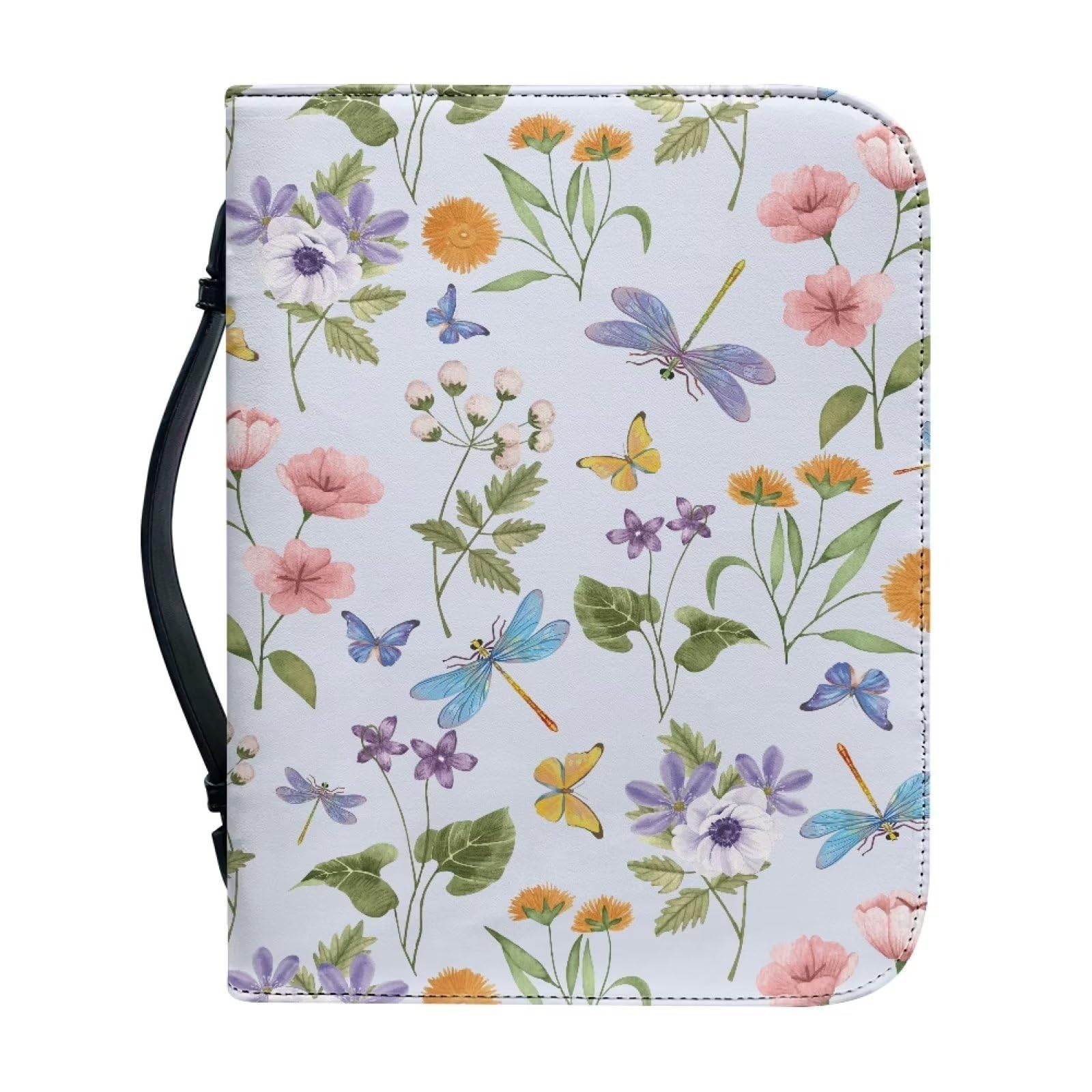 Kuiaobaty Painting Dragonfly Floral Bible Cover Zipper Bible Carrying Cases, Flowers Faux Leather Notebook Bag Inside Pen Slots — image 1