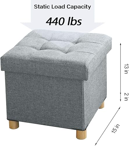 Miniatura 3 de BRIAN & DANY Reposapiés otomano plegable de almacenamiento y cubo de asiento con patas y tapa de madera, gris claro de 15 x 15 x 14.7 pulgadas