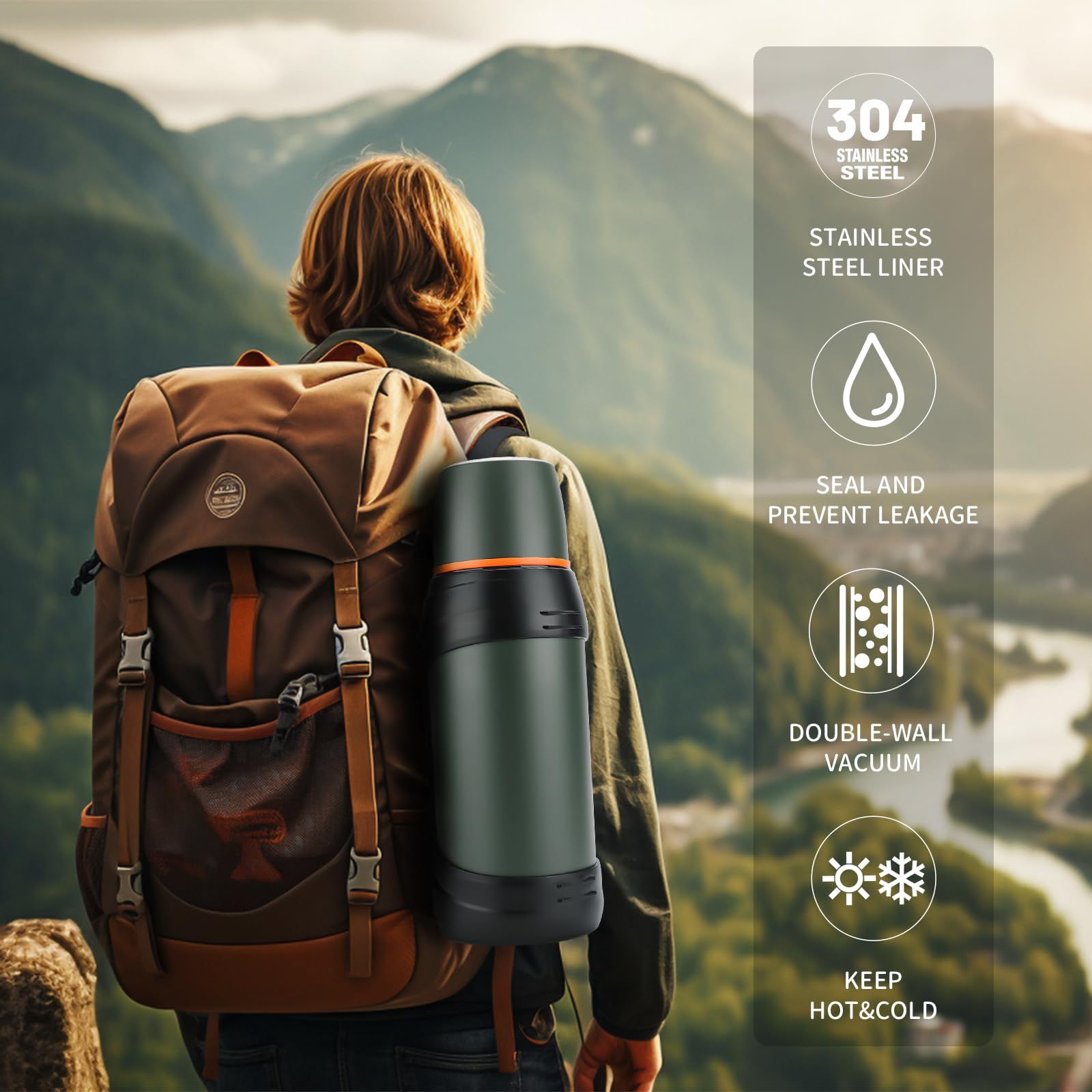 Grande bouteille thermos à café de 1,8 l pour voyage – Bouteille isotherme classique avec tasse en plastique – Bouteille de boisson isotherme en acier inoxydable de 2 L pour la randonnée, la