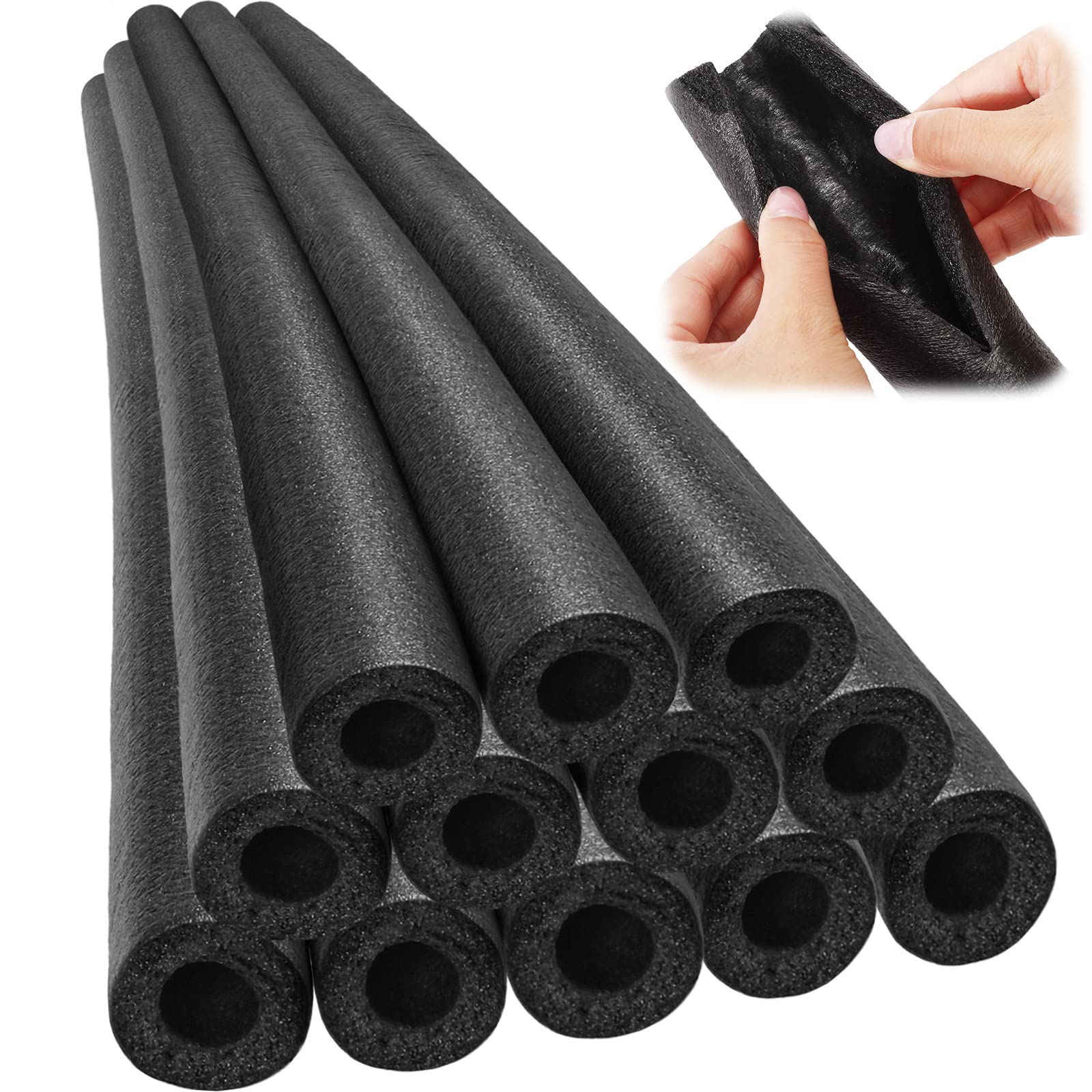 Amylove 12 Pcs 3.3 Feet Pipe Insulation Foam Tube Pool Noodles Insulating Water Pipe Swim Noodles Pre Slit Heat Preservation Pipes Cover for Tubing Outdoor Winter Freeze Protection(Black, 1/2 Inch)