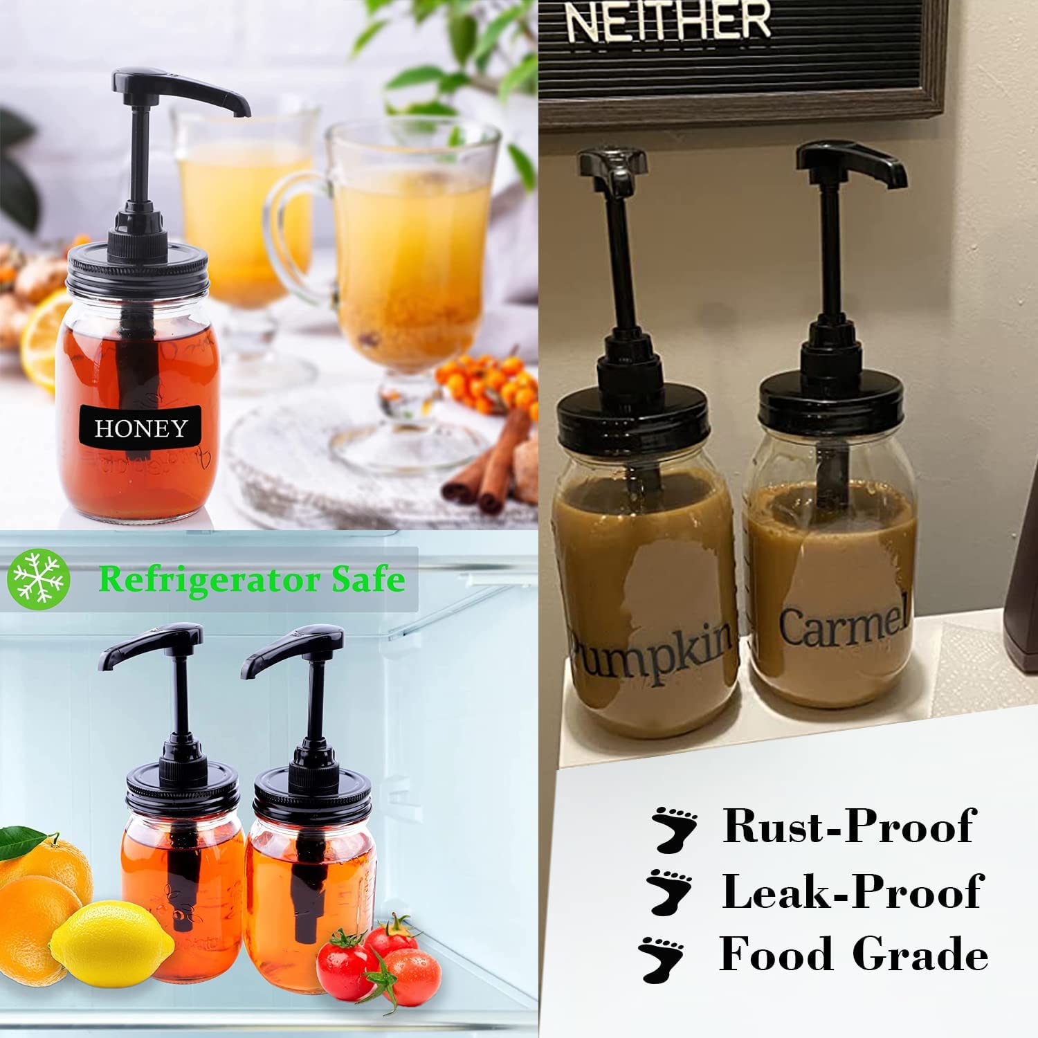 Mason Jar Tapas dispensadoras de jarabe para tarro de boca regular (paquete de 2) Dispensador de miel de jarabe de café, grado alimenticio, herméticas y a prueba de fugas y óxido (tarro no