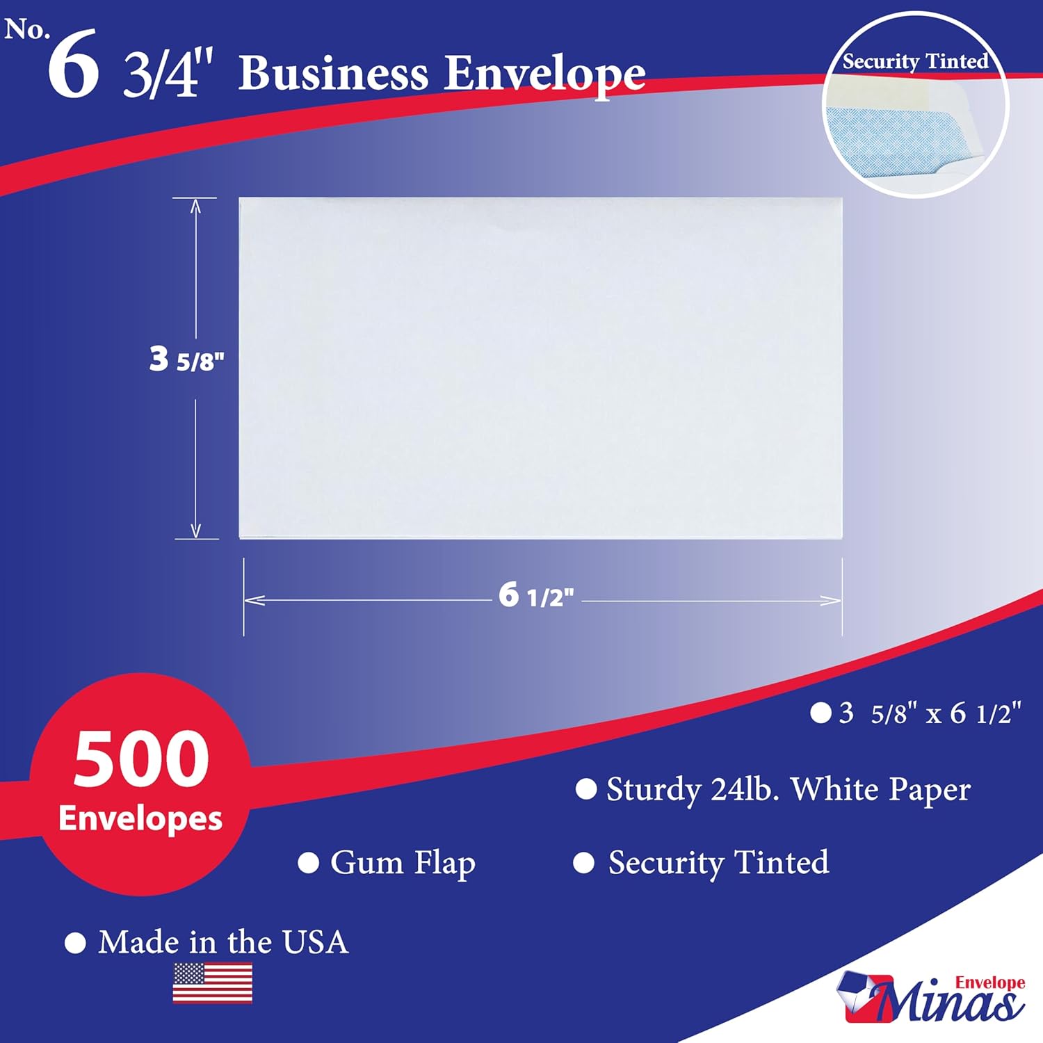 500 Minas Envelope # 6 3/4 Business Envelope, 3 5/8" x 6 1/2", Sturdy 24lb. White, Gum Flap, Security Tinted, 500 Envelopes