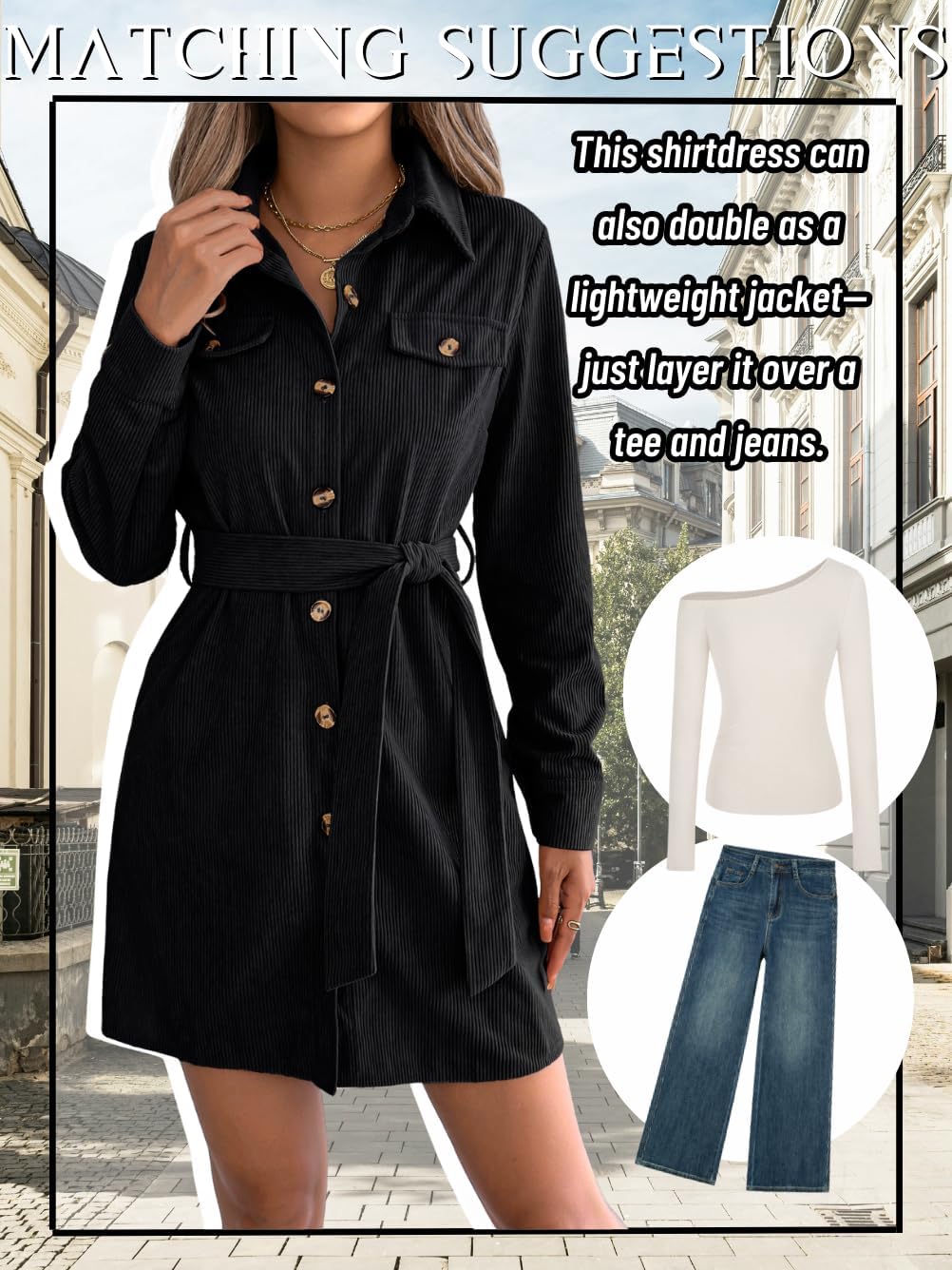 Women's Business Casual Corduroy Shirt Dress, Collared Button Down with Belt Cinched Waist, Winter Short Dresses - Image 6