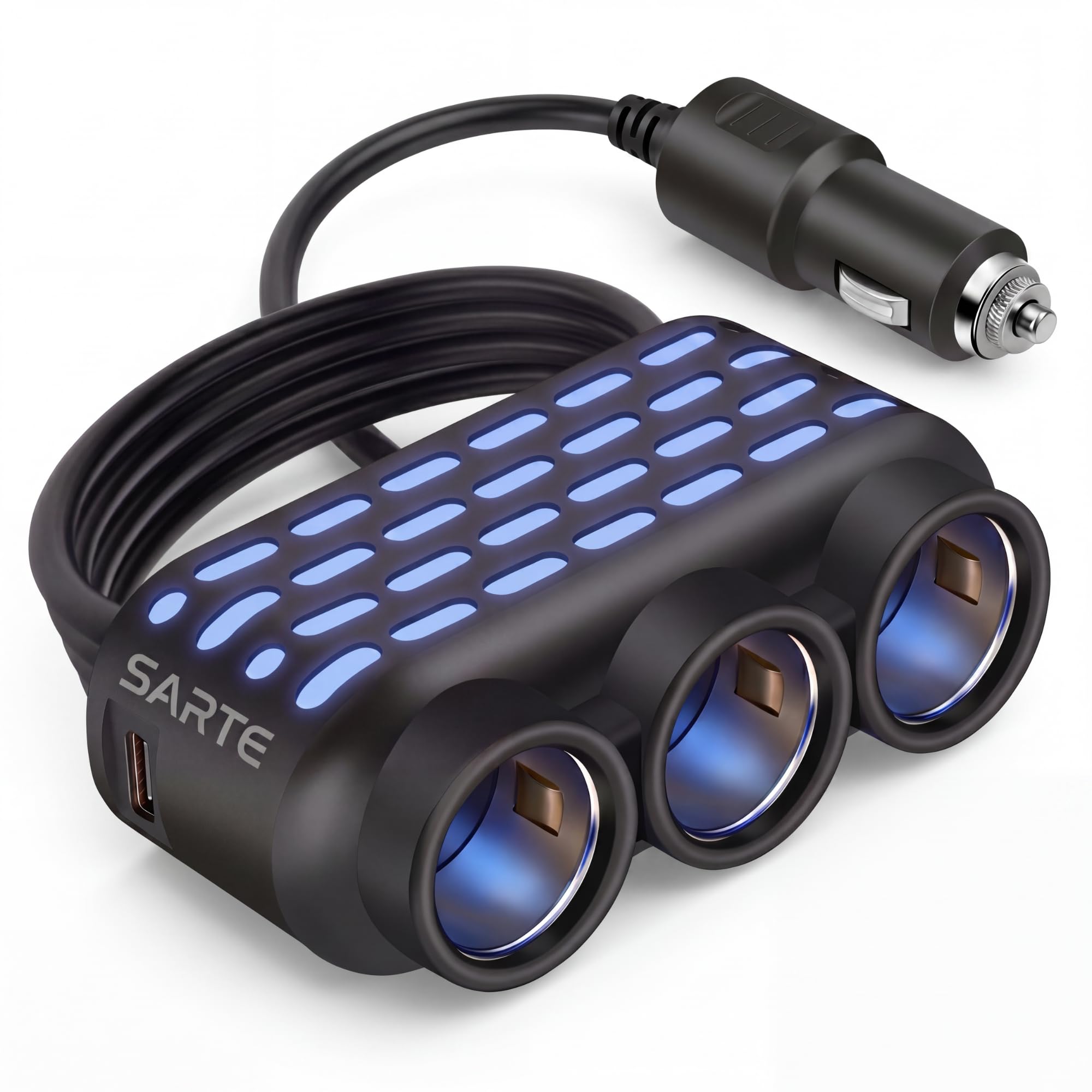 SARTE Car Cigarette Lighter Splitter with 3 Socket Power Outlet, USB QC 3.0 + PD Type-C Charging Port, 120W Max Power, LED Light, 12V/24V Compatible for Car, SUV & Truck (Cable Extension)-image-46