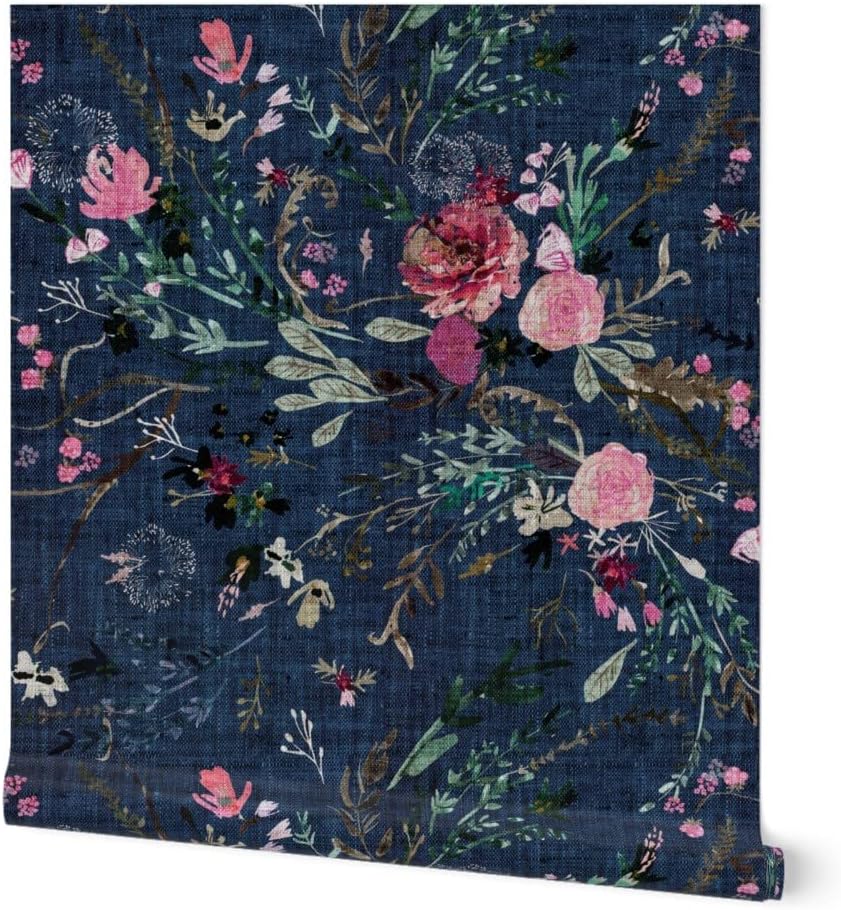 Spoonflower Removable Wallpaper 3ft x 2ft - Fable Floral Navy Vintage Flowers Rose Autumn Fall Spring Custom Pre-Pasted Wallpaper