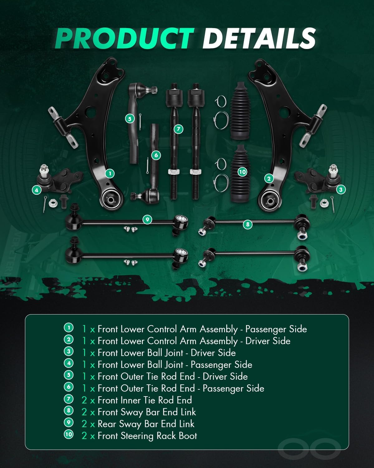 SCITOO 14pcs Front Lower Control Arm w/Ball Joint Suspension Kit fit 2007-2011 for Toyota Camry Outer Inner Tie Rod End w/Boot Sway Bar End Link