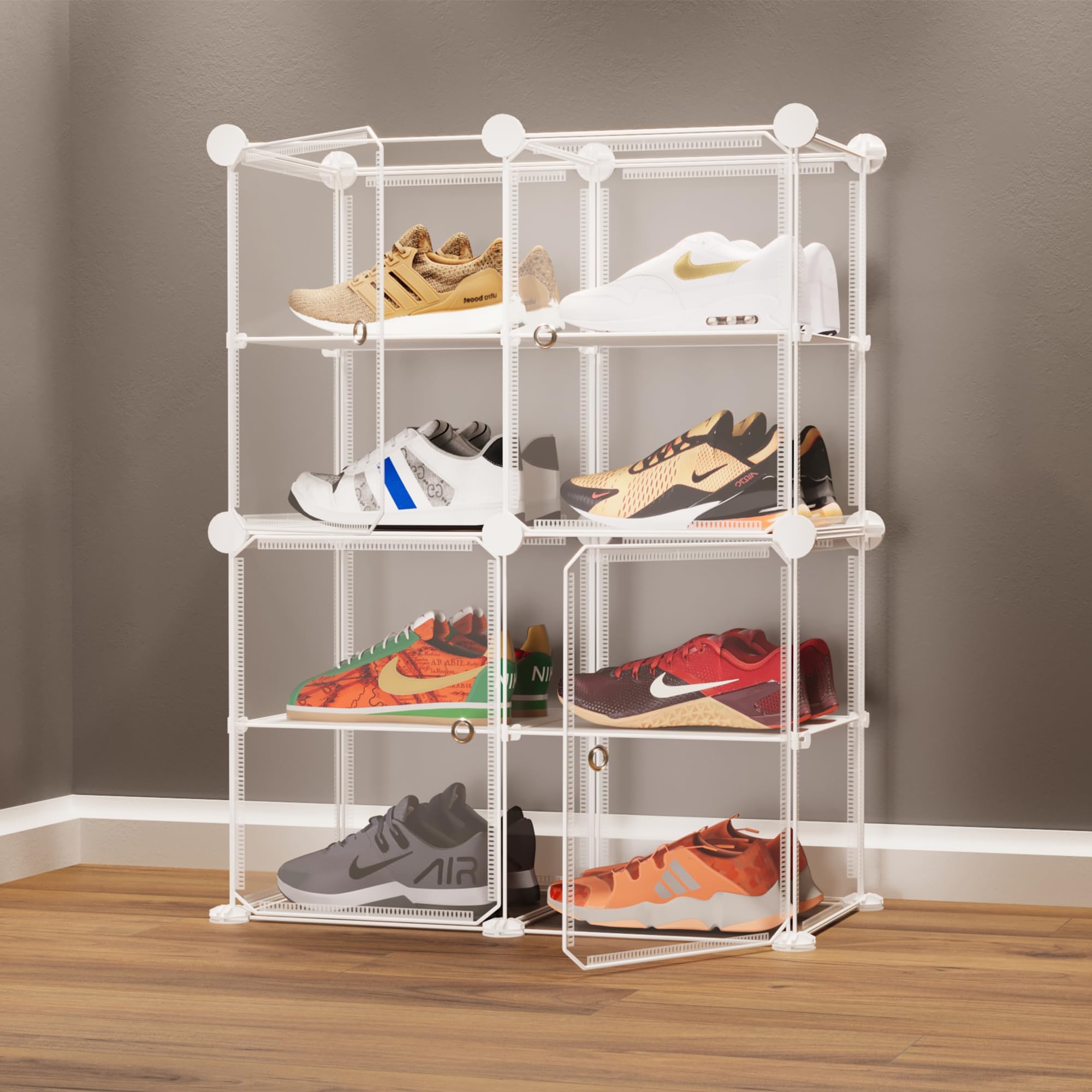 BOXJOY 8 Shelf Transparent Sneaker Box, Shoe Rack Plastic Display Stand with Doors, Modular Shoe Organizer with Metal Frame Door White PP Panels and Connectors Stackable Storage Organiser for Home-image-28