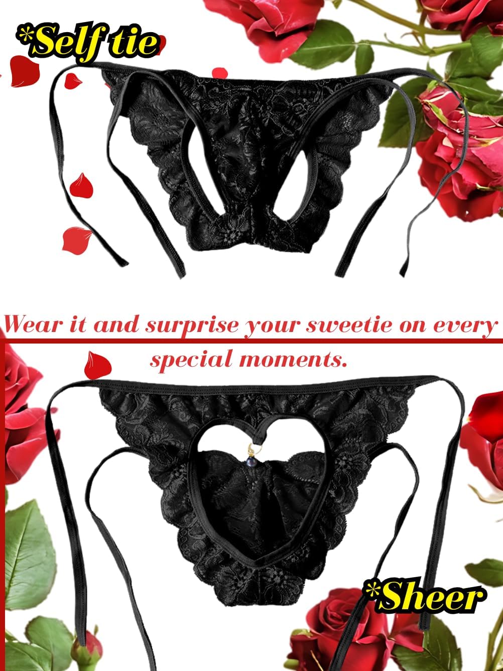 Mens Heart Cut-Out Sissy Panties, Floral Lace Pendant Pearl, Sexy Femboy Lingerie, Low Rise One Size for 26-36 - Image 5