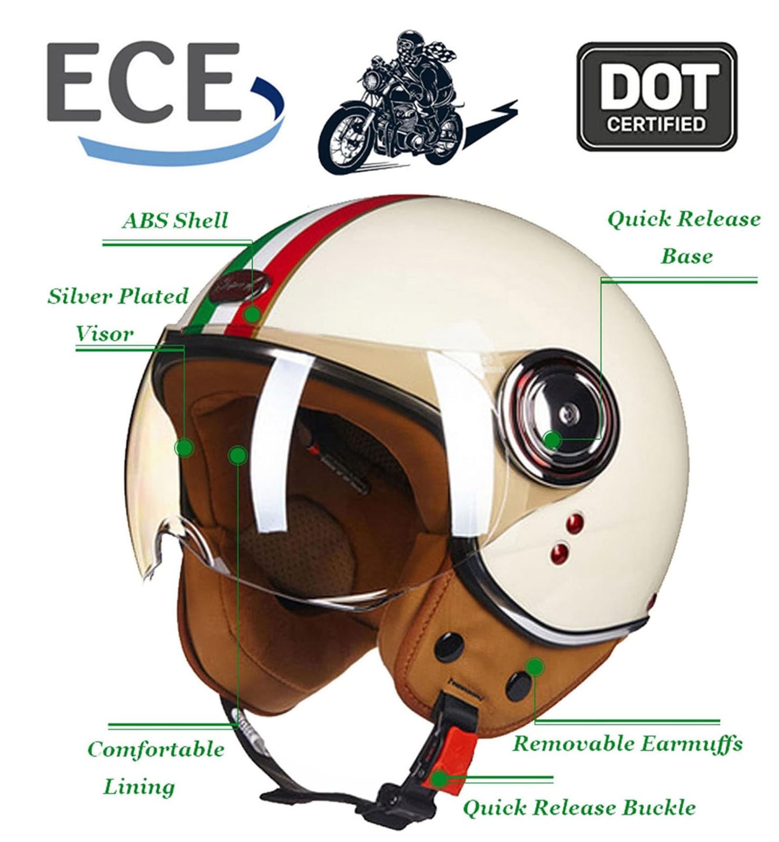 Kask motocyklowy retro z otwartą twarzą i osłoną przeciwsłoneczną Kask Jet 3/4 Kask motocyklowy z półpokrywą Zatwierdzony przez ECE do skutera motorower
