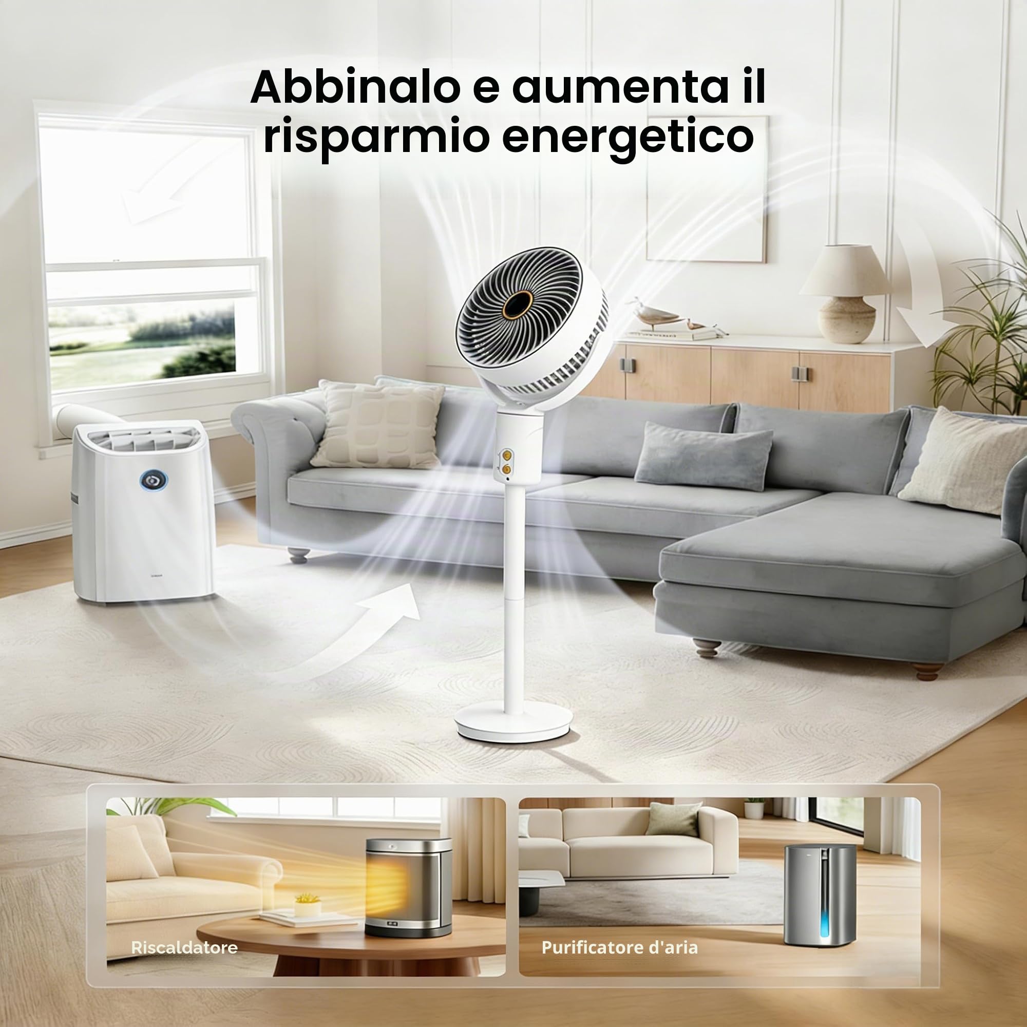 Ventilatore a piantana silenzioso, 3 altezze regolabili, 5 velocità e orientamento 360°, ricaricabile, per uso a terra o su tavolo, con telecomando