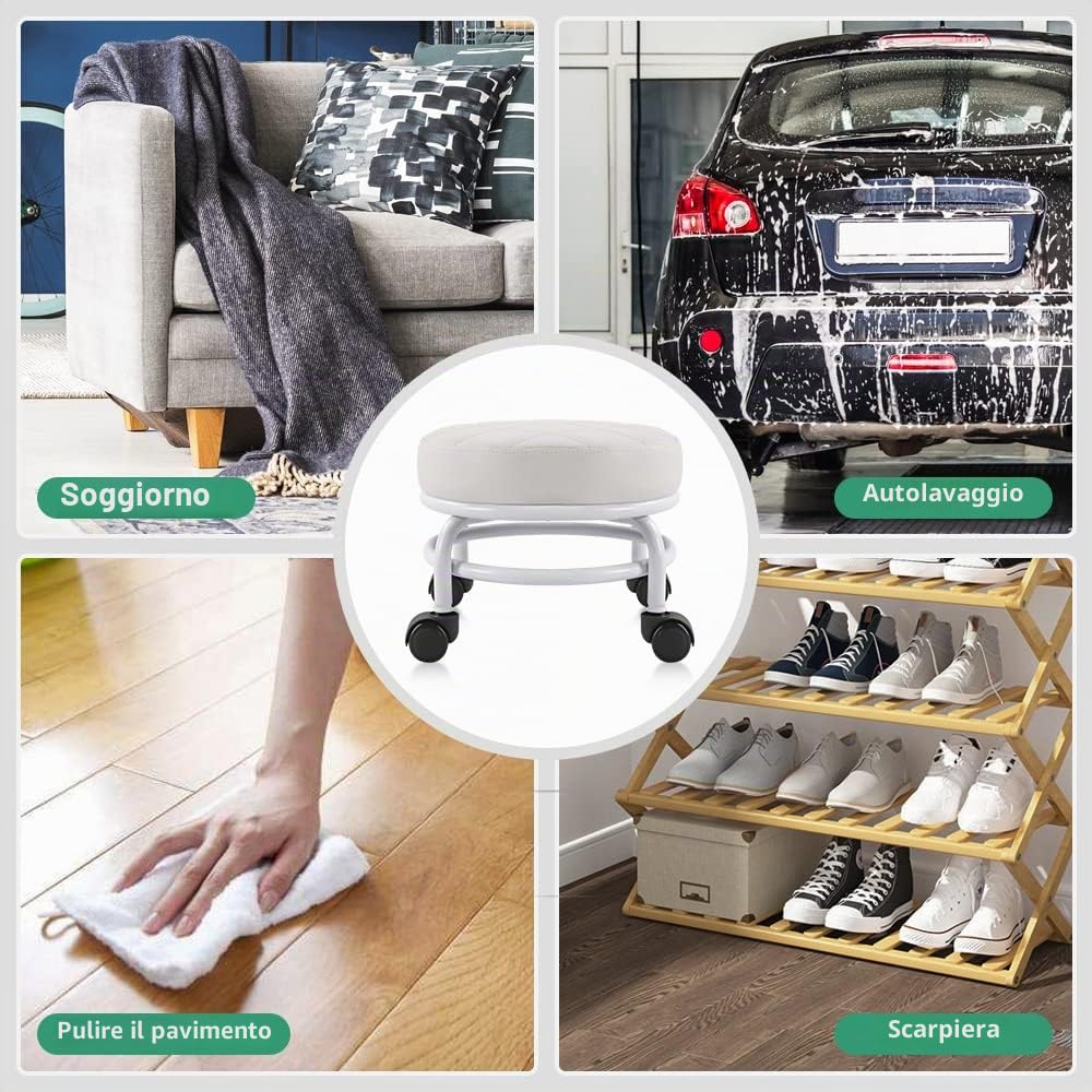 FURWOO Sedile a rotelle Sgabello da pavimento rotondo basso in pelle PU con ruote piroettanti universali per sgabello per pedicure sportiva fitness a casa, H: 25,5 cm (bianco)