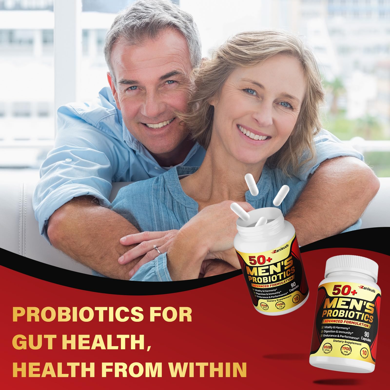 Probióticos para hombres, potentes probióticos para hombres de más de 50 años, salud intestinal y digestiva completa, con 850 mil millones de CFU, fibra prebiótica de 1900 mg, energize, inmune