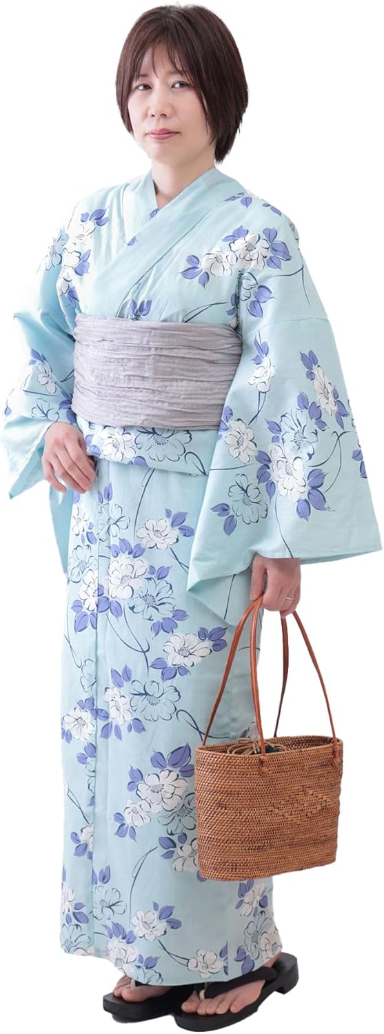 綿絽浴衣乱菊藍色白色広衿単衣ホワイト洗える着物木綿着物 ネイビー藍