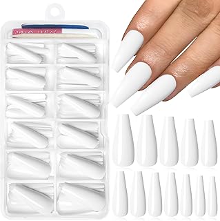 120PC White Coffin Press on Nails Long Fake Nails Press ons with Glue Nail Adhesive Tabs, 12 Sizes Long Acrylic Nails Press on Nails Coffin White Stick Nails Tips Artificial Fingernails