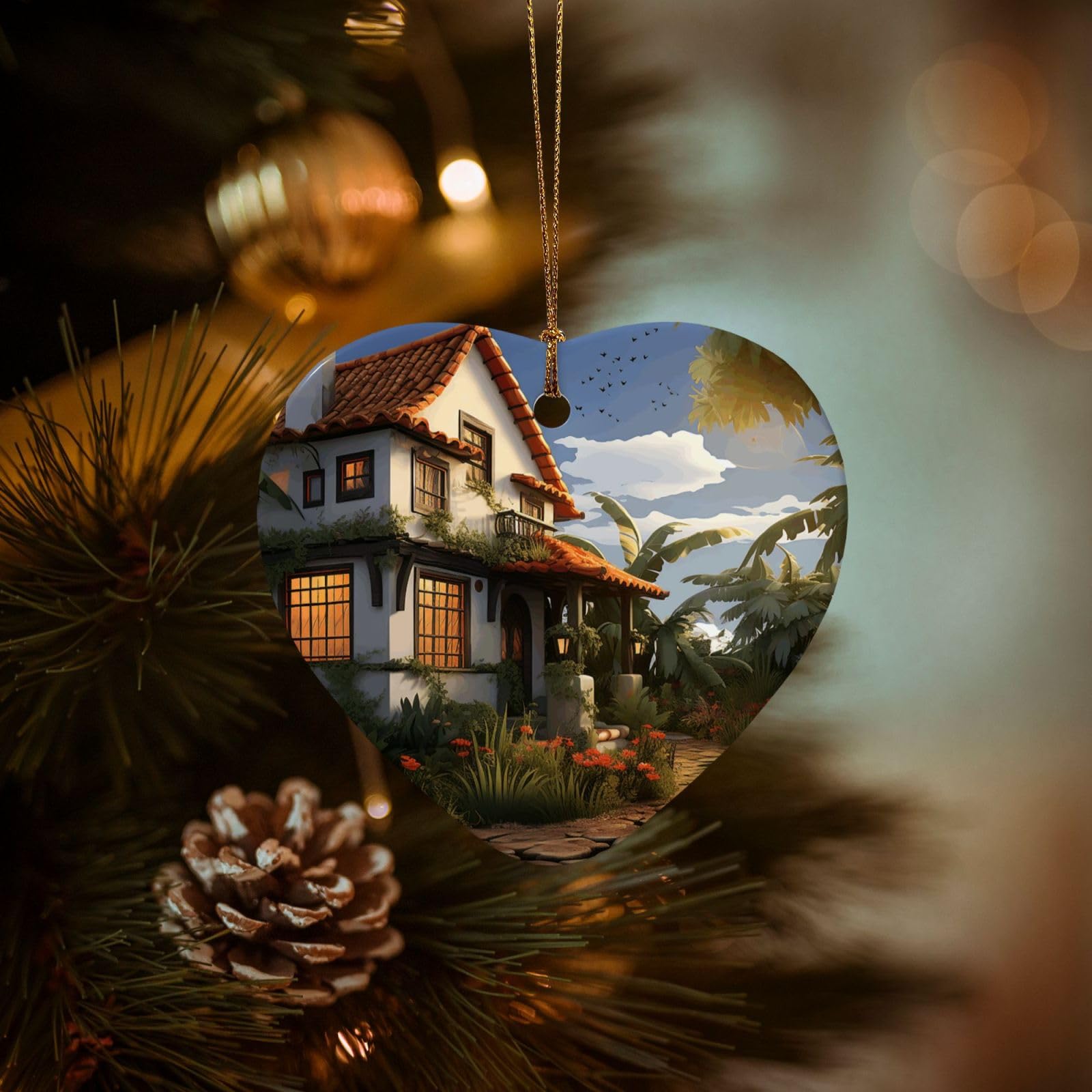 Christmas Tree Ornaments Ceramics Christmas Decorations Farmhouse Ornaments with Gold Ribbon Porcelain Xmas Tree Crafts Heart Shape Hanging Pendant for Christmas Tree Party Decor
