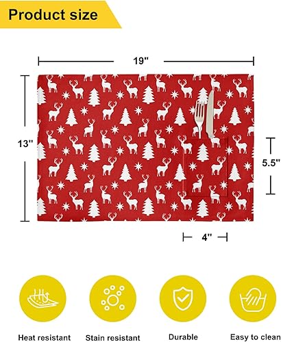 Miniatura 6 de Christmas Elk Table Placemats for Dining Table Set of 4,Cotton Linen Cloth Kitchen Place Mats with Pocket,Washable Burlap SquareRectangleRoundOblong