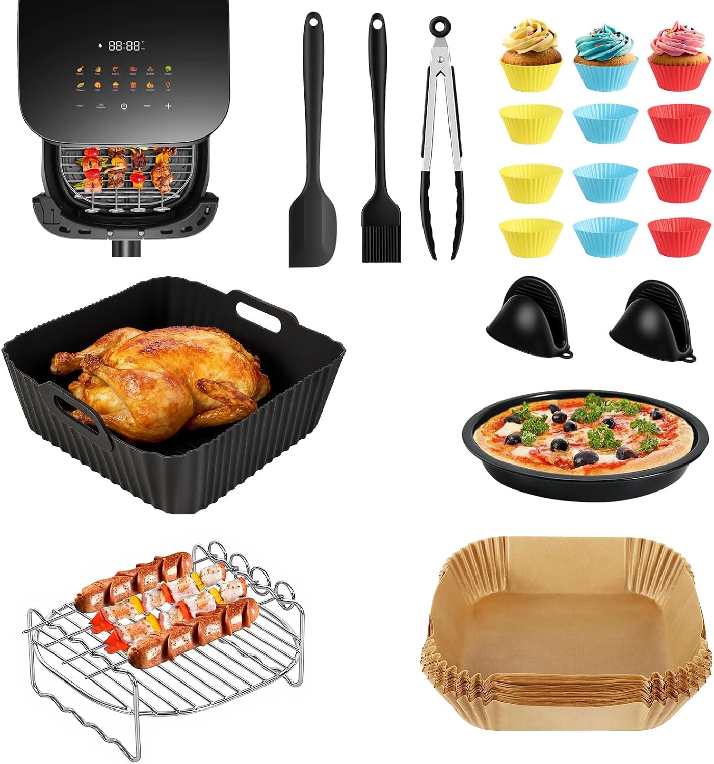 Akcesoria do frytkownicy na gorące powietrze, akcesoria Airfryer XL 6,2 l, COSORI 4,7 l 5,5 l, Cecotec 6L, Ninja AF140 AF141 AF181 forma silikonowa, 21-częściowy zestaw akcesoriów do