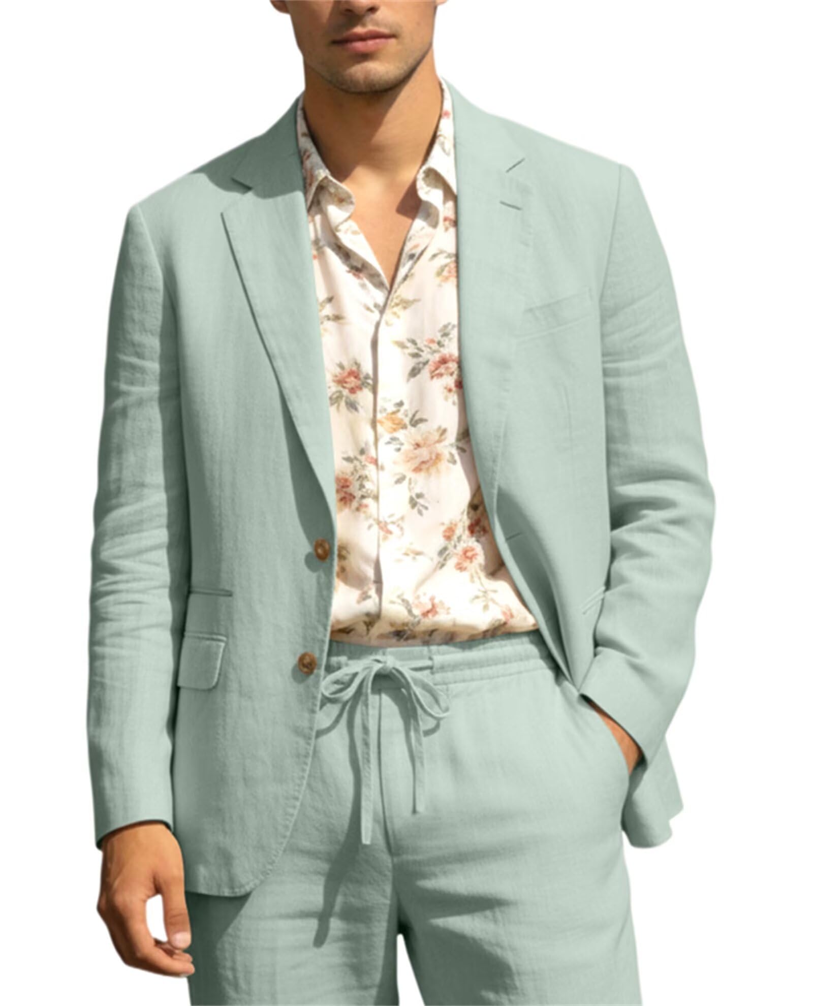 Men's Linen Suits 2 Piece Casual Regular Fit Linen Blazer Jacket and Pants for Summer Beach Wedding