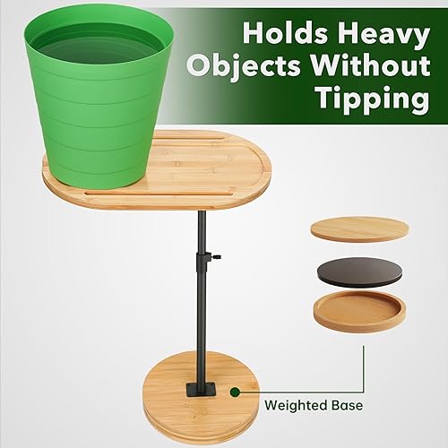 Miniatura 6 de NiHome Mesa giratoria de bambú para reposabrazos para sofá con base estable gruesa, mesa auxiliar de bandeja de TV de altura ajustable con rotación