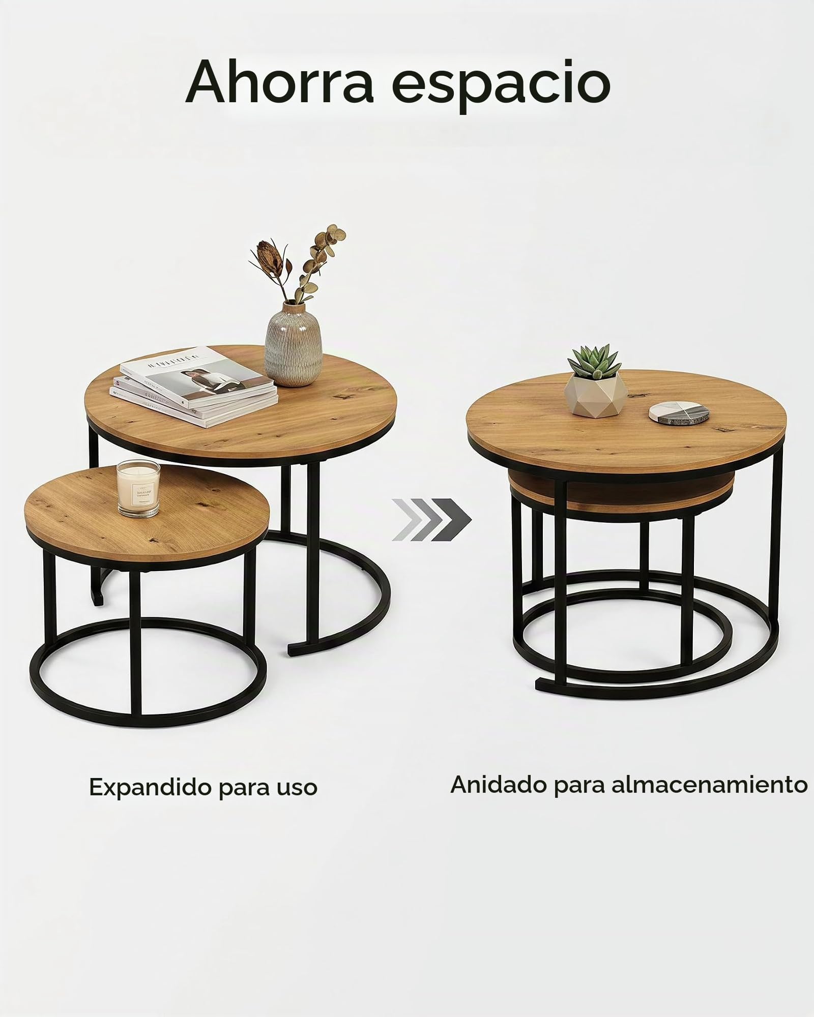 Mesa de Centro Redonda Juego de 2 Mesa Salon Madera y Metal Negro | Juego de 2 Mesa Centro Salon Efecto Madera con Estructura Metálica Negra, Muebles de Salon Coffee Table 70+50cm