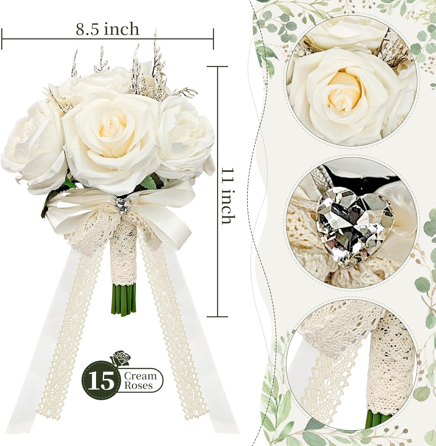 Verichy 8.5 Inches Wedding Bouquet Cream Artificial Flower Bouquet 15 Faux Roses for Bride Wedding Marriage Proposal Party Church Decoration