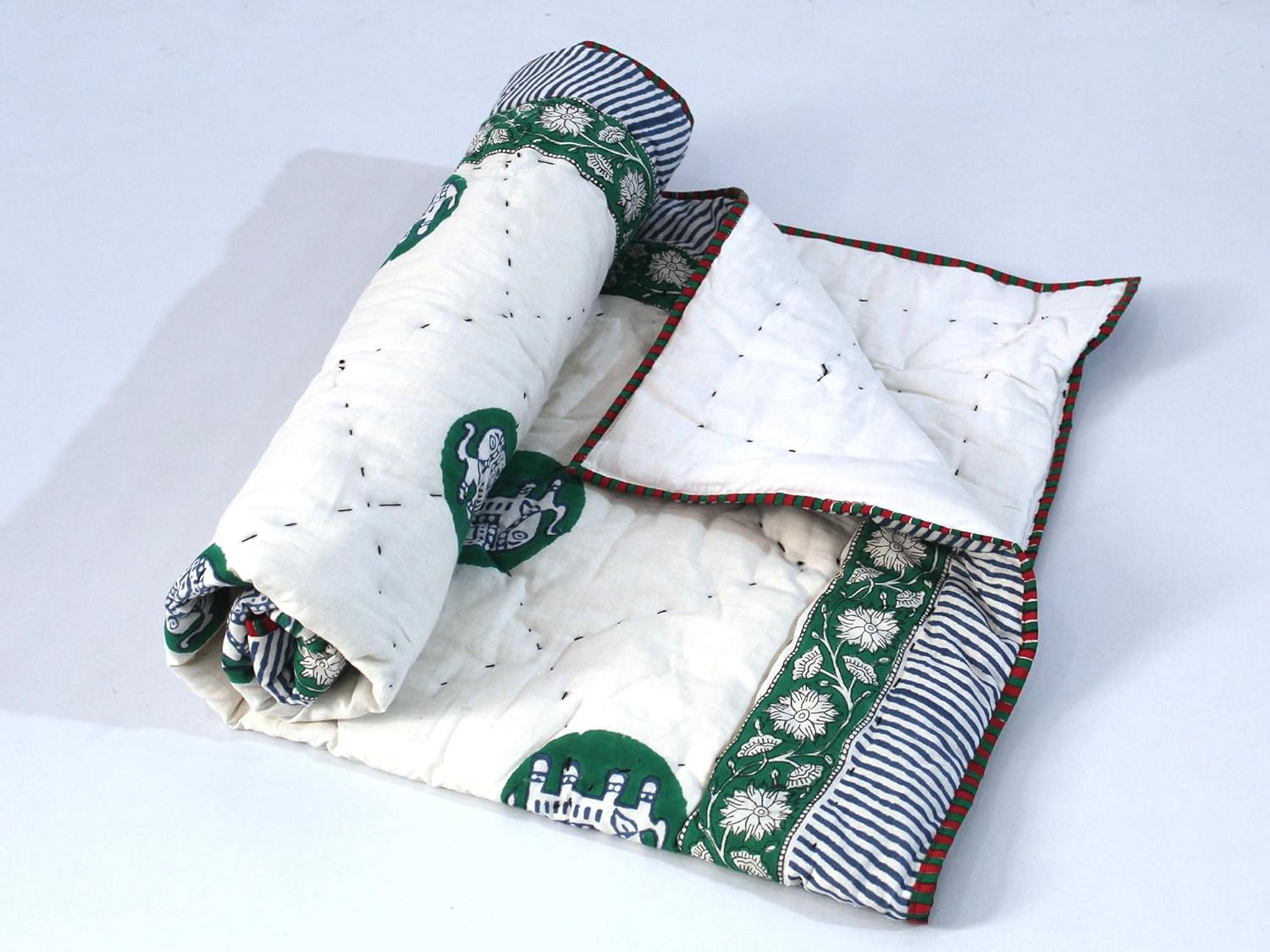 Aashita Creations Toddler Hand Work Kantha Cotton Baby Quilt, Bedspread Throw Floral Printed Baby Quilt_1113