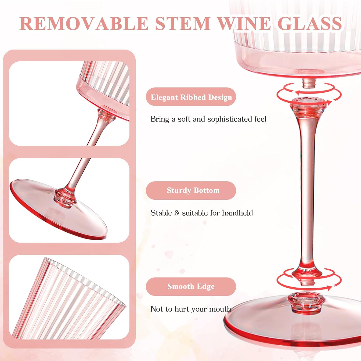 24 PCS Pink Plastic Wine Glasses with Removable Stems 13.5 OZ Ribbed Wine Glass Set Square White Wine Glasses Muted Pastel Colors Goblets Elegant Fluted Glassware for Wedding(Pink, 24 Pack) - Image 3