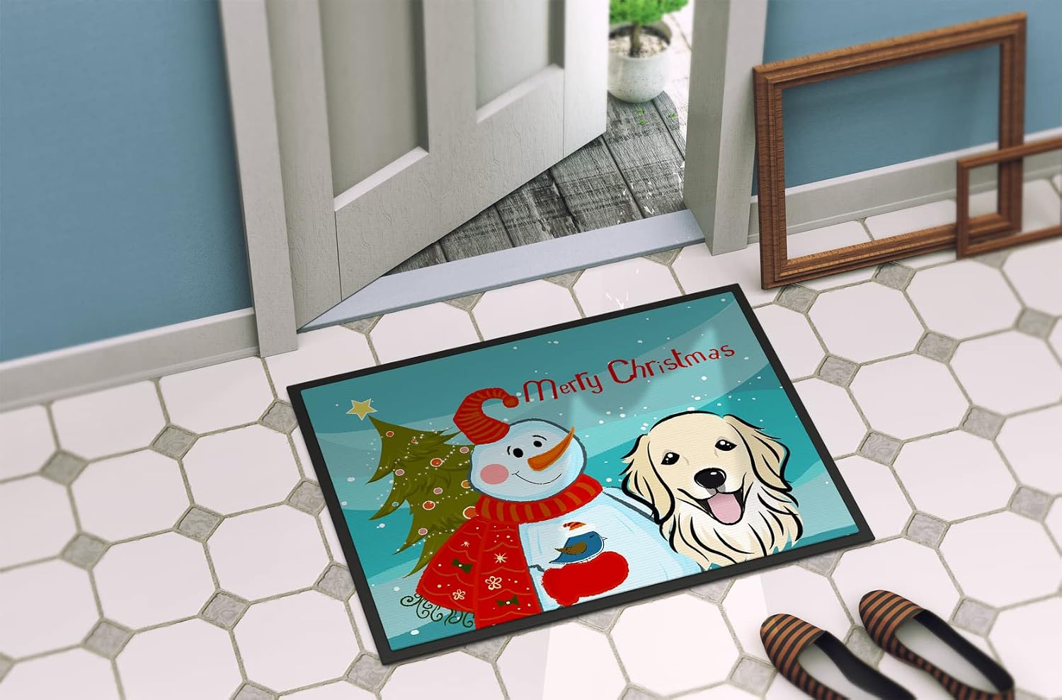 Caroline's Treasures BB1825JMAT Snowman with Golden Retriever Doormat 24x36 Front Door Mat Indoor Outdoor Rugs for Entryway, Non Slip Washable Low Pile, 24H X 36W