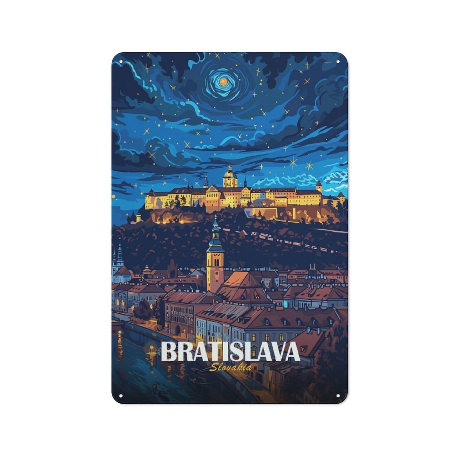 Junmoney Style-9 For Lounge Or Reading Corner, Bratislava, Slovakia Nightscape Vintage Metal Sign 30X20cm, For Collectors Decorating Lounges And Reading Corners