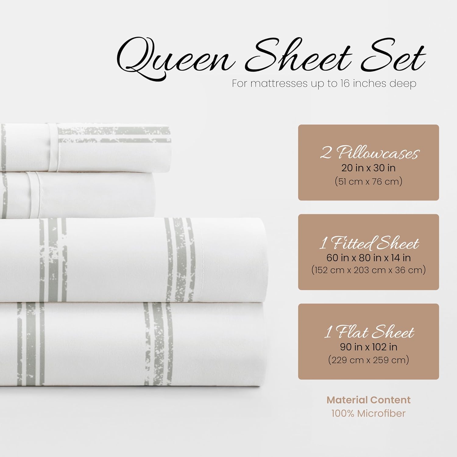 Queen Sheet Set 4 Piece - Ultra Comfortable & Breathable Cooling Queen Bed Sheets - Deep Pocket & Wrinkle-Free Sheets Fits 16" Mattress - Extra Soft & Oeko-TEX Certified - Distressed Line Light Gray - Image 2