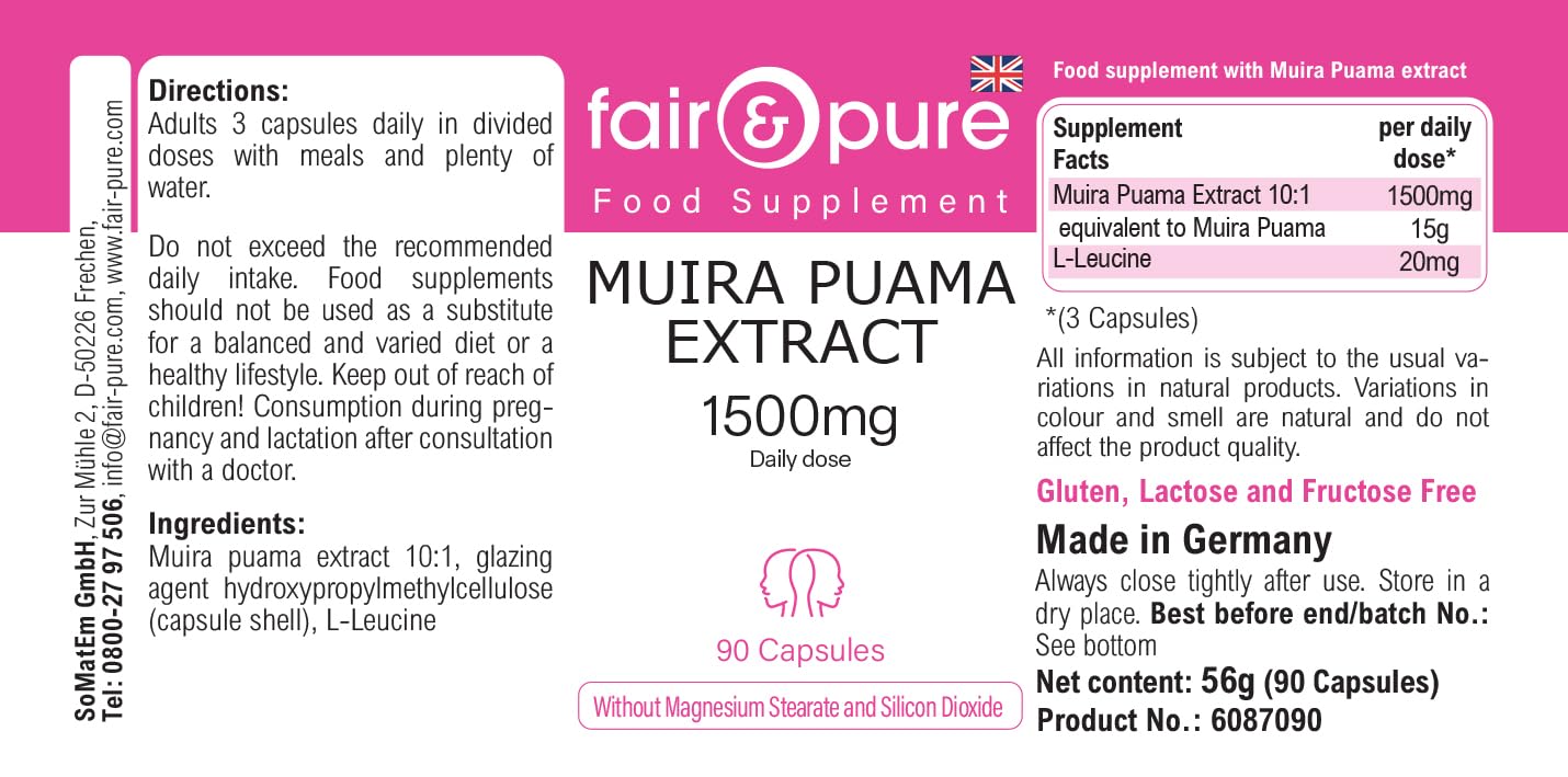 Fair & Pure Muira Puama 500mg, 90 Kapseln, schluckfreundlich, 10:1 Extrakt, Nahrungsergänzungsmittel vegan ohne Magnesiumstearat, in Deutschland hergestellt (Packung mit 2)