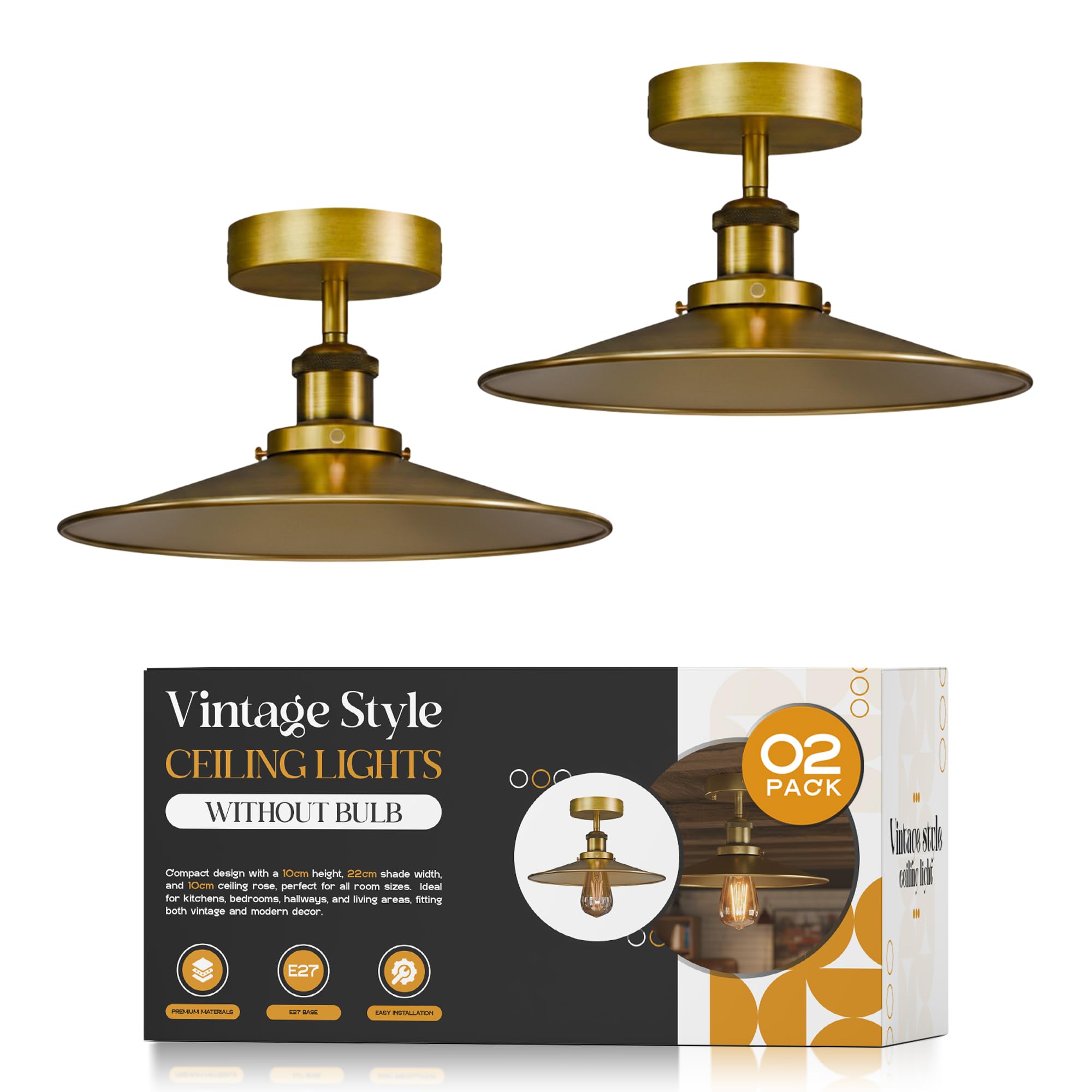 LEDSone Pack of 2 E27 Flush Fitting Ceiling Light Fixture 22cm Yellow Brass Lampshade Easy Fit Anti Rest Metal Vintage Semi Flush Mount LED Ceiling Lamp Chandelier for Bedroom, Kitchen with EPC A+