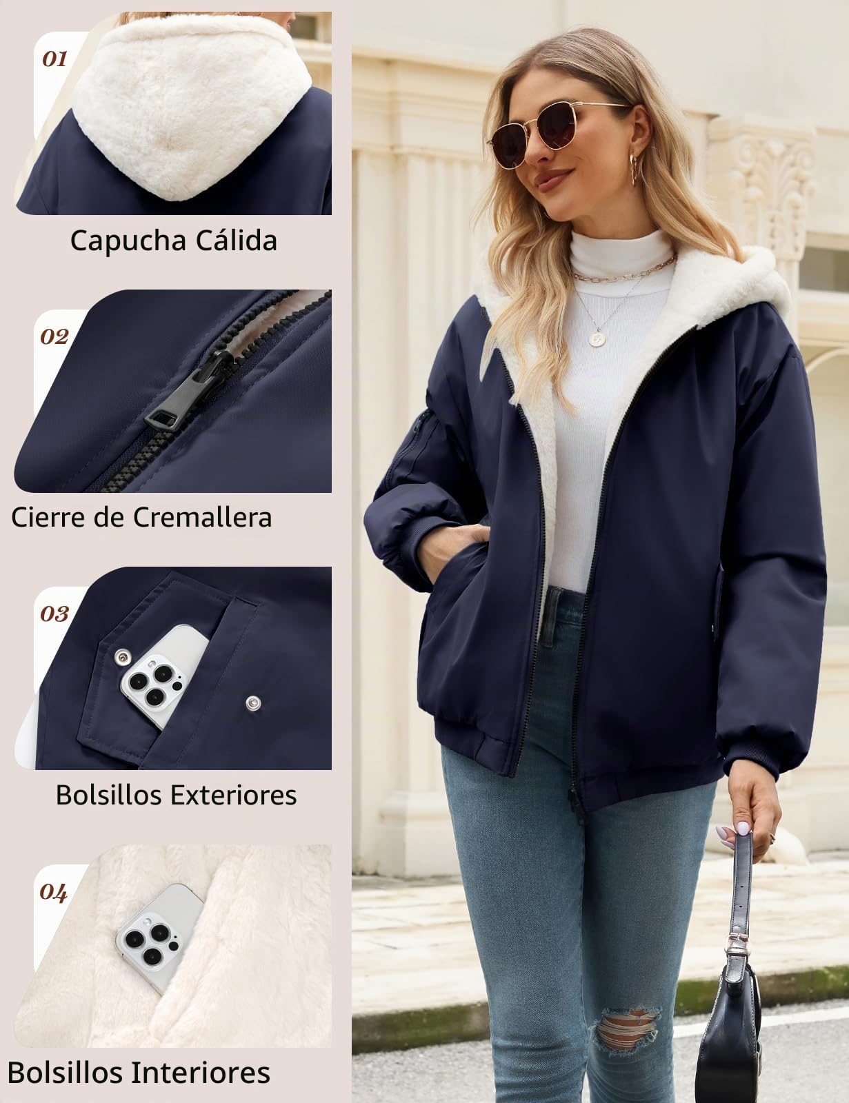Vancavoo Chaqueta Reversible Mujer de Invierno con Capucha y Pelo Suave | Cazadora Corta con Cremallera, Puños de Canalé y Bolsillos en Ambos Lados para Uso Diario