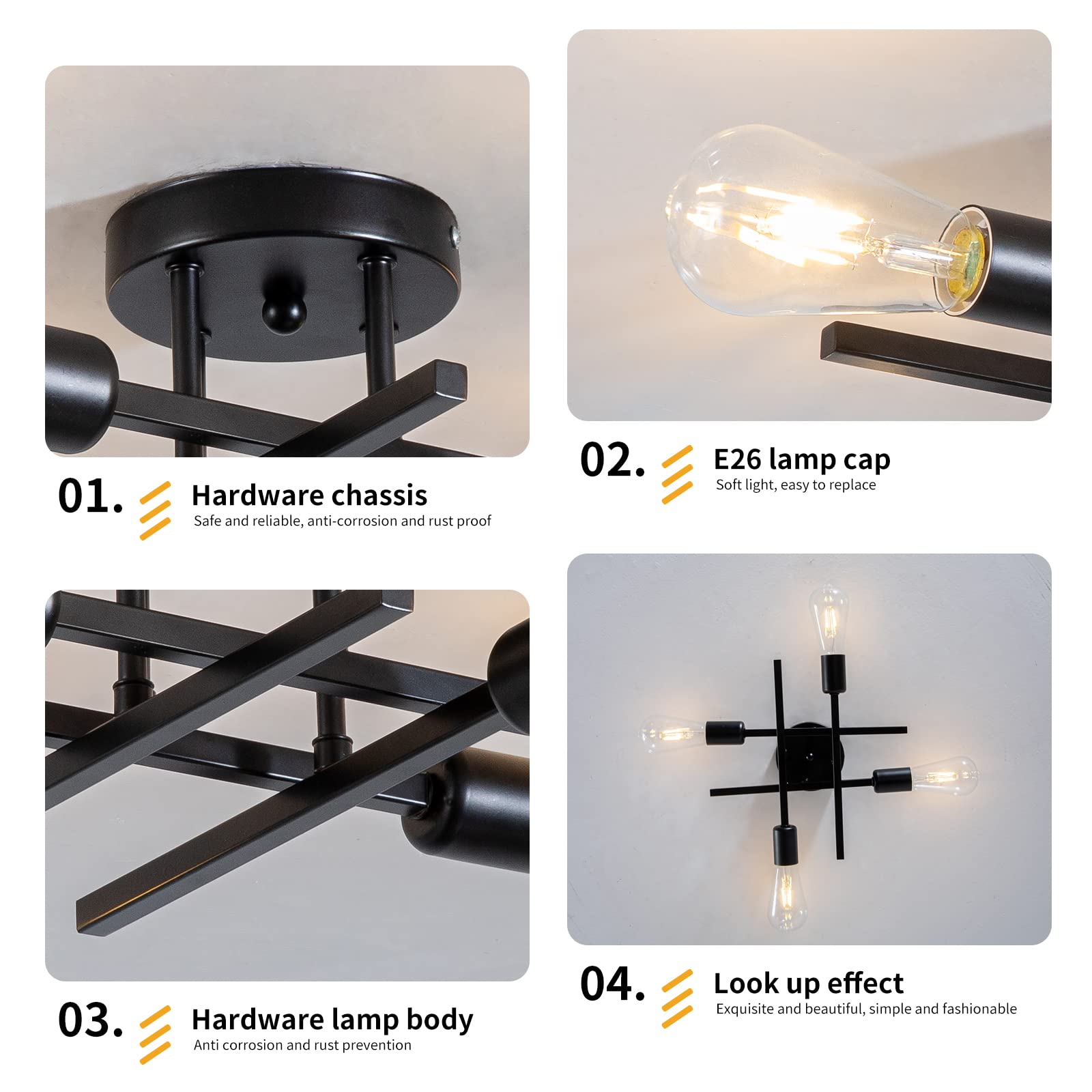 Becailyer Semi Flush Mount 4 Lights Sputnik Ceiling Light E26 Base Modern Chandelier Matte Black Metal Ceiling Lamp for Farmhouse Kitchen Dining Room Bedroom Study Living Room