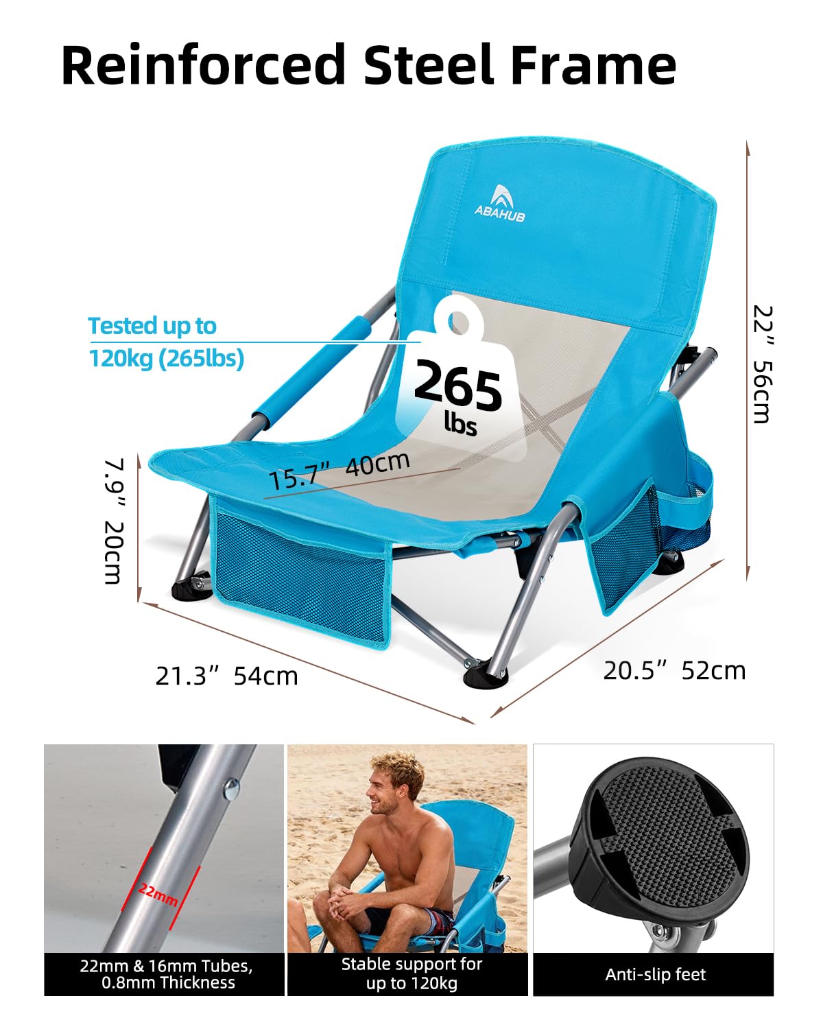 Abahub Chaise De Plage Pliable Basse Portable Legere Pliante 120Kg 2 Pièce | Aktive Chaise De Plage Pliante Ultra Légère Dossier Bas Sac De Transport Bleu