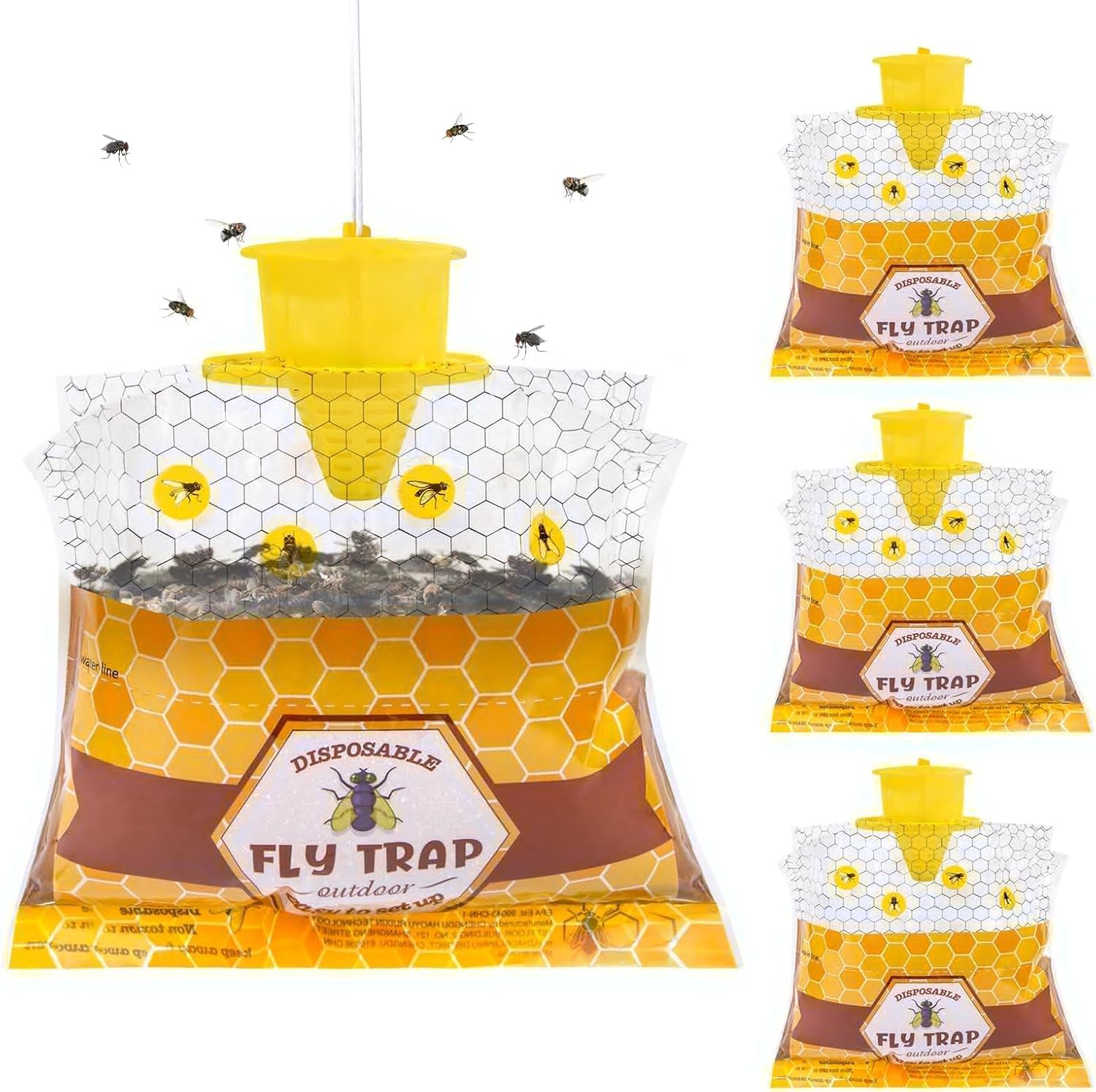 Paquete de 4 trampas para moscas para colgar al aire libre para patio, bolsas desechables para moscas al aire libre con cebo de 30 g, atrapador de moscas de insectos, control asesino para granero