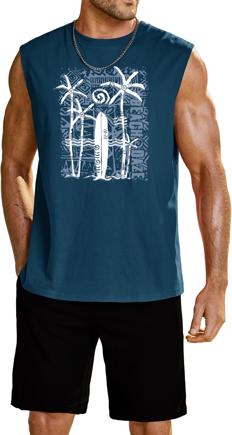 Mens Beach Summer 2 Piece Sets Palm Tree Vacation Tropical Graphic Tank Tops and Waffle Shorts Outfits (S-XXL)