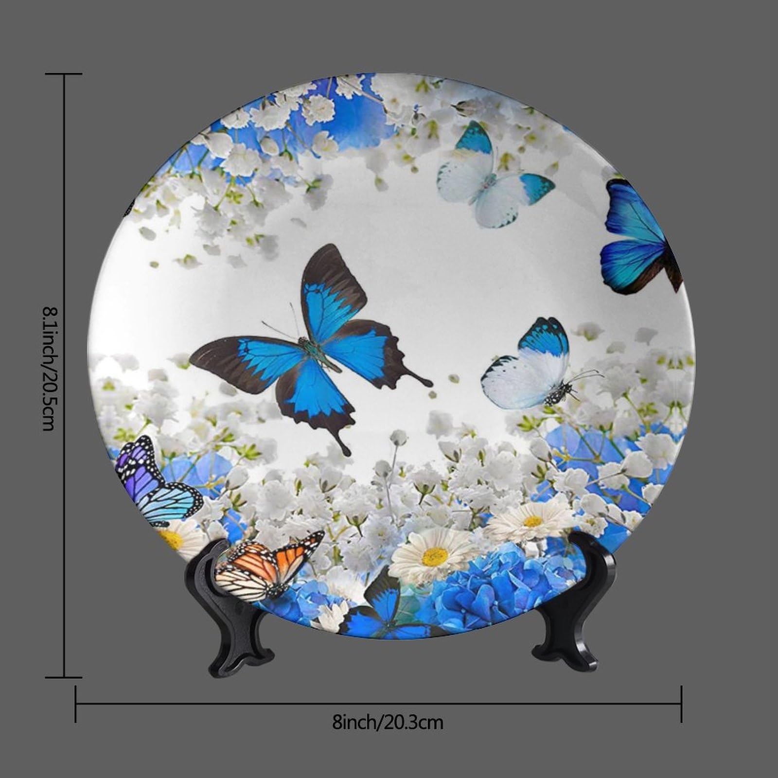 Piatti decorativi, 20,3 cm, con fiore e farfalla, piastra rotonda da tavolo, decorazione da tavolo con supporto, per appendere alla parete, soggiorno, bagno, decorazione regalo