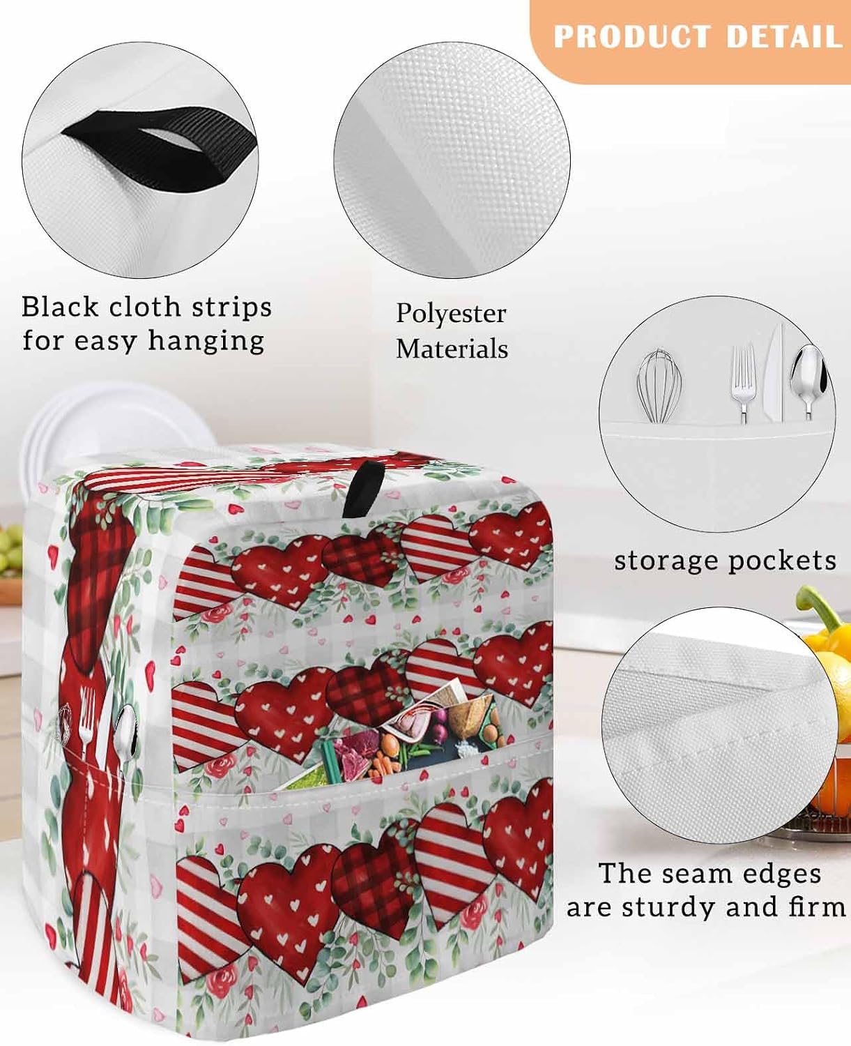 Stand Mixer Cover with Storage Pocket, Valentine's Day Waterproof Kitchen Mixer Covers, Red Strip Plaid Love Eucalyptus Grey Check Kitchen Appliance Dust Cover Compatible with 4/4.5 Quart Mixers