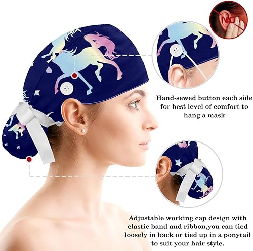 Miniatura 3 de Cute Dream Unicorn Floral Working Cap with Buttons, Bow Hair Scrunchy and Ribbon Tie for Women, Long Hair