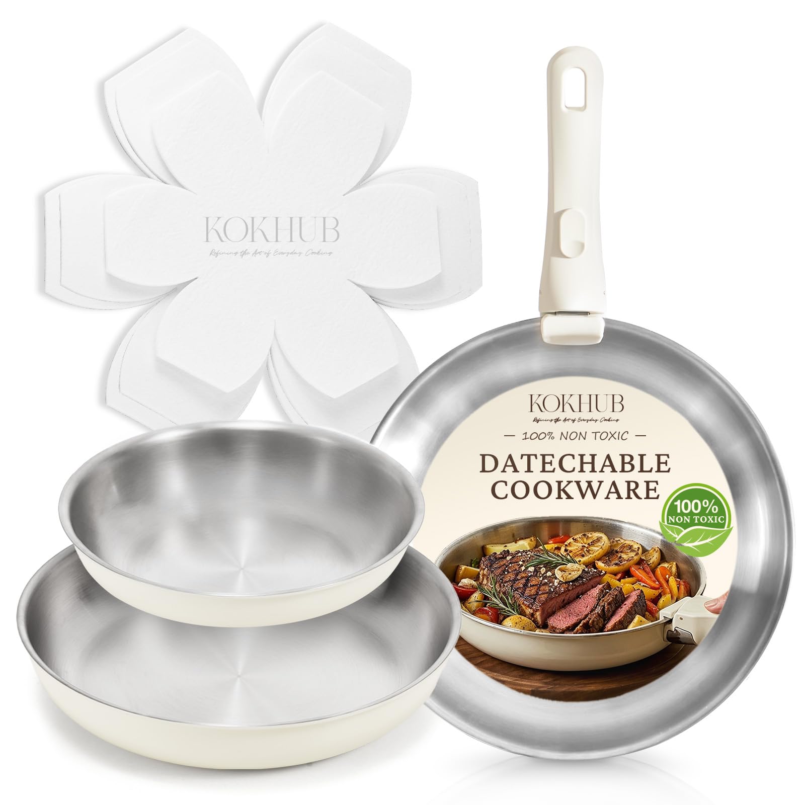 KOKHUB Detachable Frying Pan Set 7 Piece, Stainless Steel, 20/26/30cm