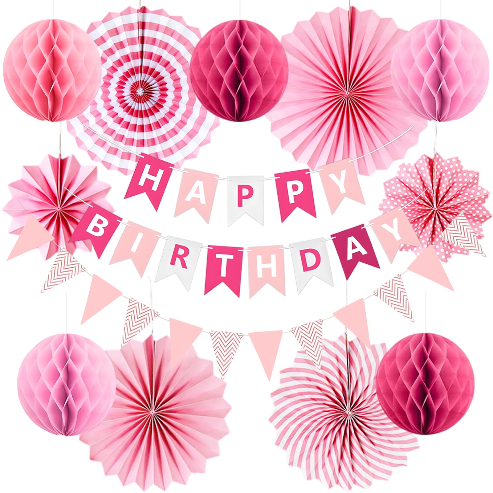 Pink Birthday Party Decoration Kit, Pink Reusable Paper Party Decoration for Girl Woman with Happy Birthday Banner Triangle Bunting Honeycomb Ball Hanging Paper Fans, Girls Women Honeycomb Decor.