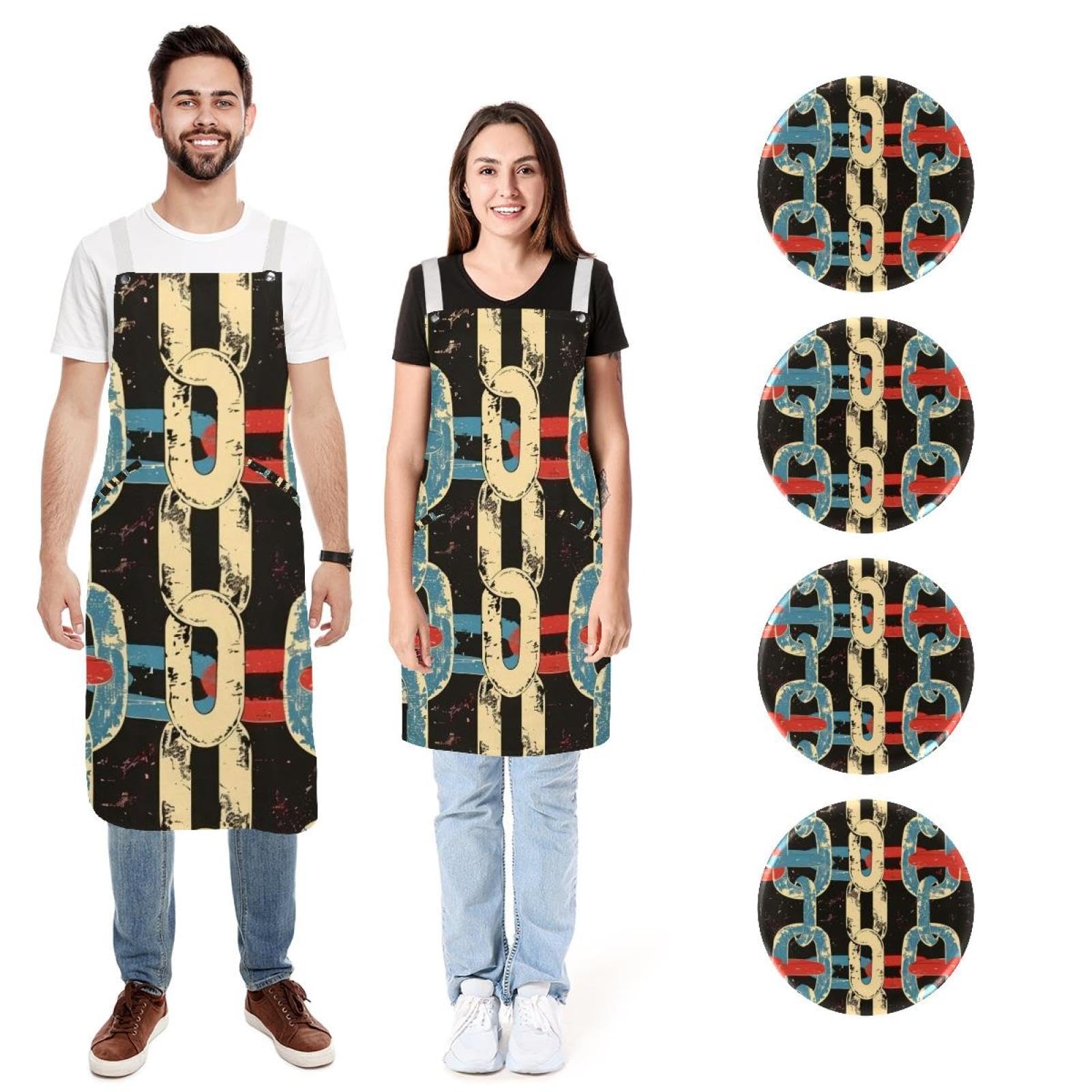 Lot de 2 tabliers de cuisine en lin pour homme et femme - Style vintage - Avec 2 poches réglables, Chaîne Art Vintage, L:26.2x34.6in/66.5x88cm;M:26.2x26.6in/66.5x67.5cm