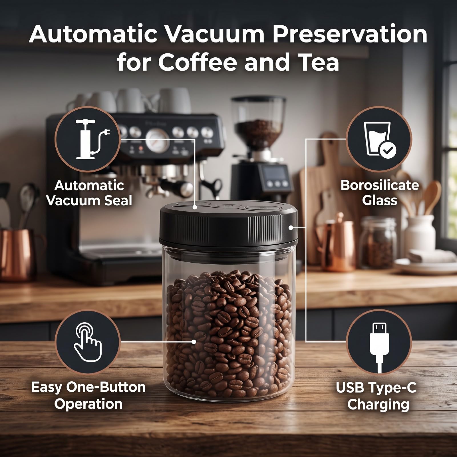 Contenitore Sottovuoto per caffè, Barattolo Automatico in Vetro