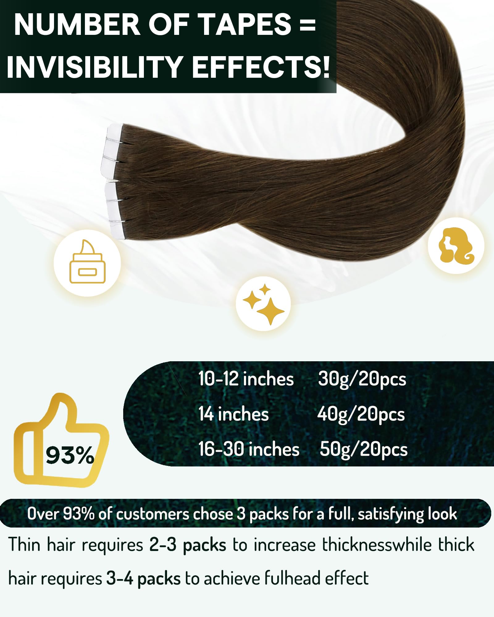 RUNATURE 28 Inch Tape in Hair Extensions Human Hair Brown Tape Hair Extensions Real Human Hair Invisible Tapes Remy Straight Dark Brown Hair 20pcs 50g #4 - Image 4