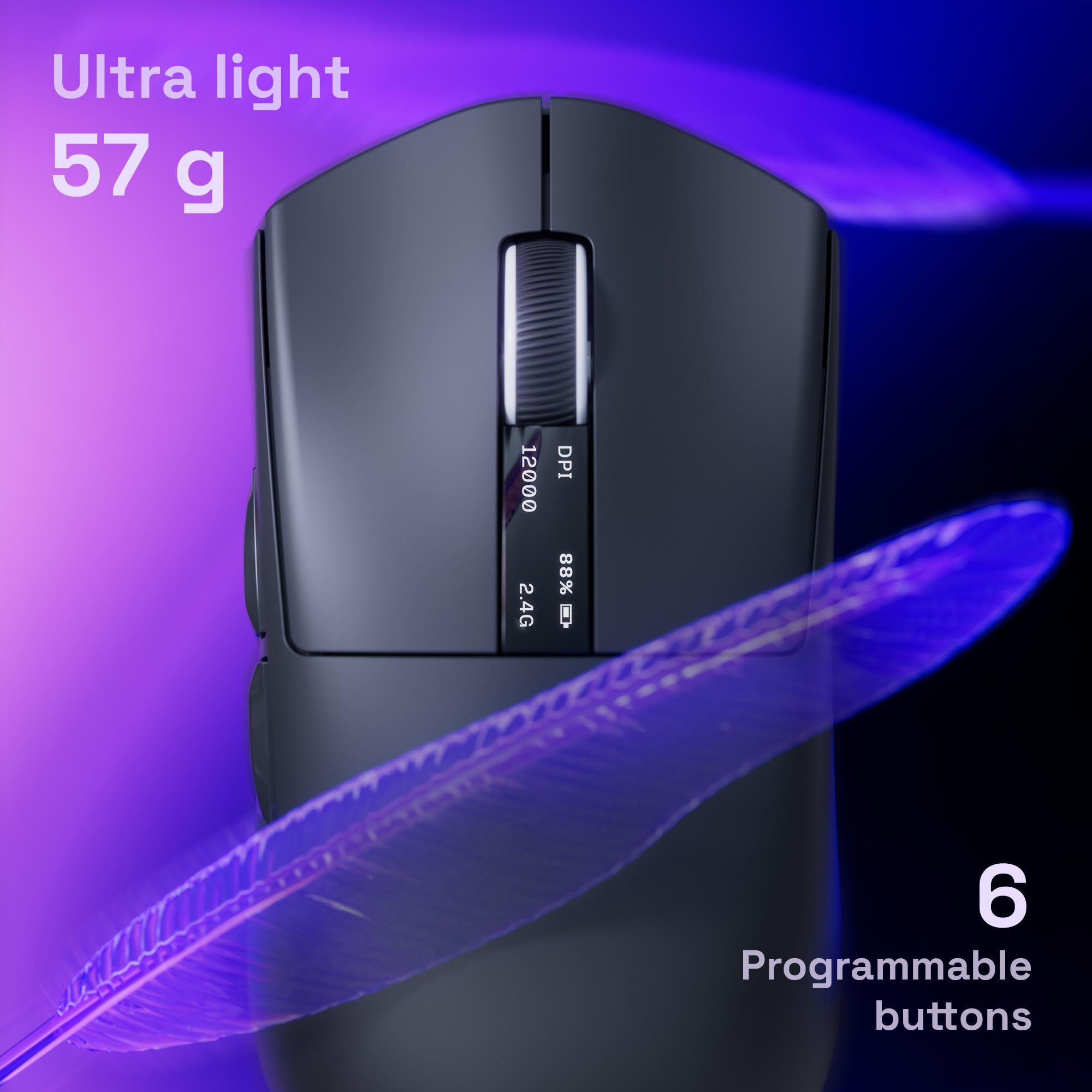 Mouse gamer wireless con dock di ricarica - Sensore PixArt 12.000 DPI, 3 modalità di connessione (2.4G/Bluetooth/cablato), display integrato, Polling rate 1000 Hz, per PC/Mac/PS5/PS4