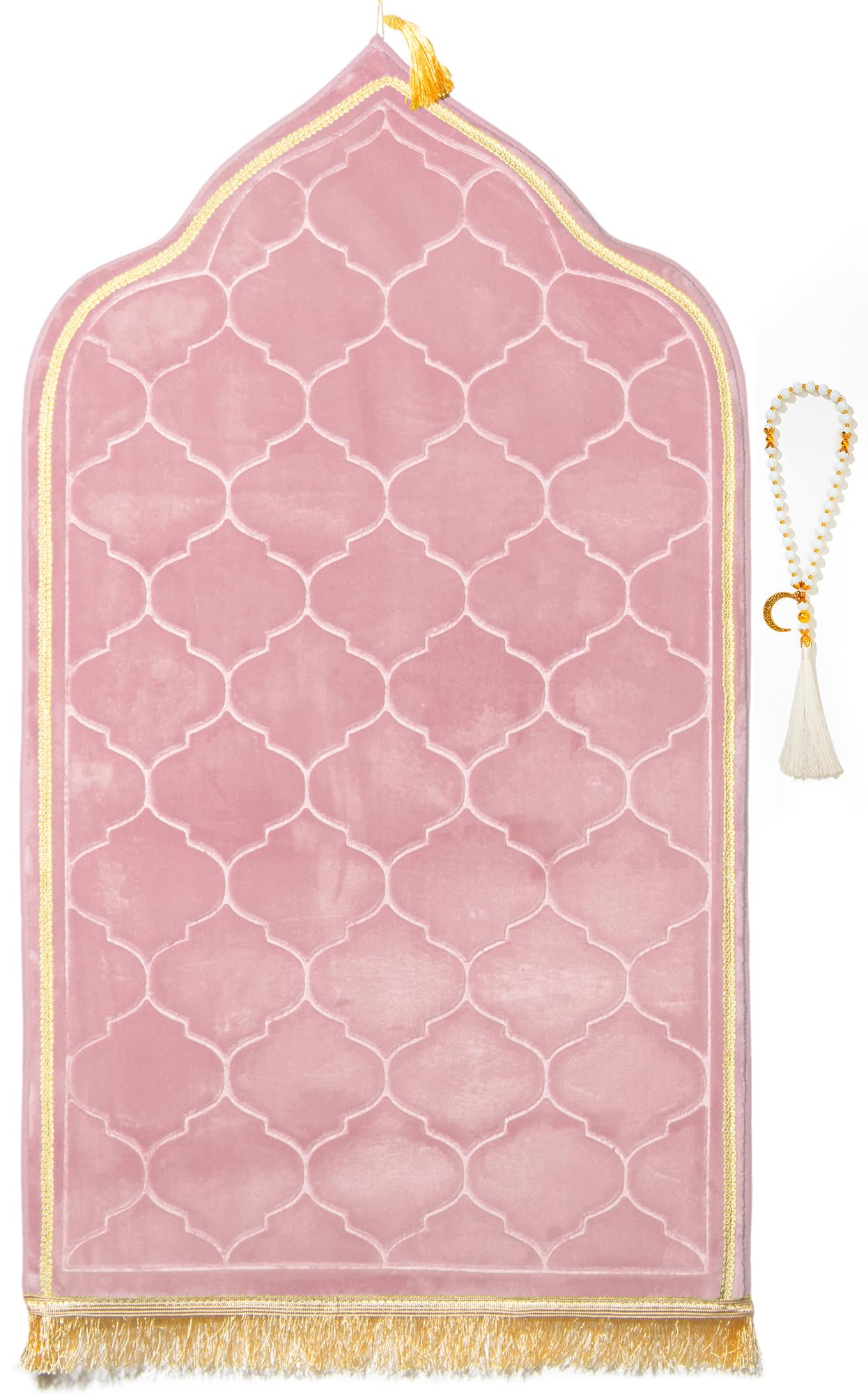YAZEIN Muslim Prayer Rug with Tasbih Prayer Beads, Soft Memory Foam Prayer Matt Islam, Padded Islamic Prayer Mat Thick for Men and Women, Janamaz, Sajadah (25.6" x 43.3", Pink)