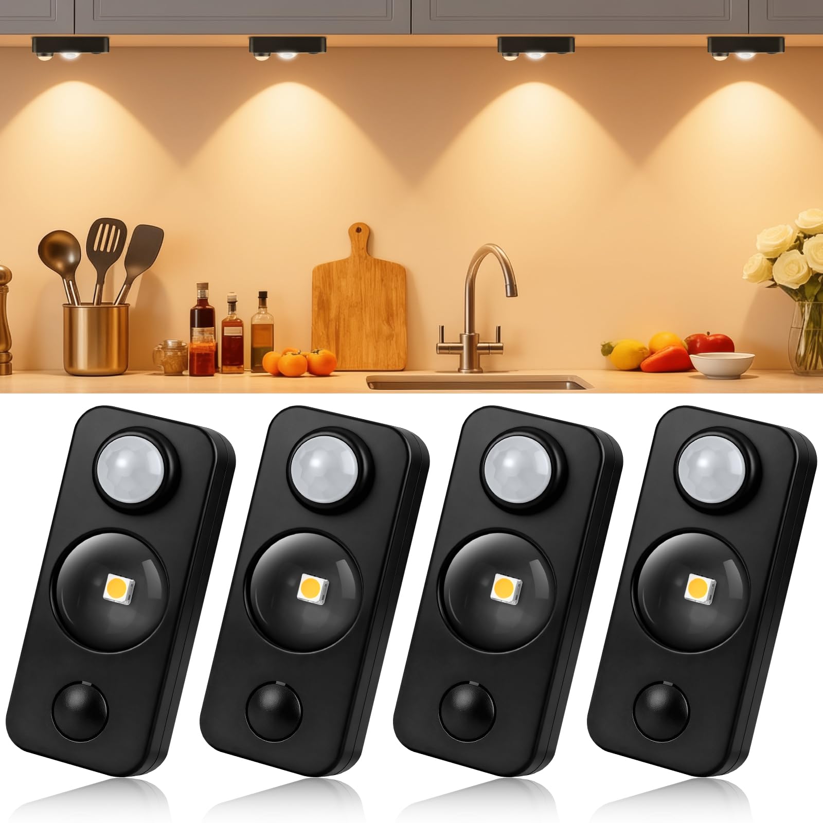 LED Motion Sensor Lights Indoor, Rechargeable Cupboard Lights with 3 Modes, Stick-On Dimmable Wireless USB Wardrobe Light for Drawer, Shelf, Stairs, Hallway, Under Cabinets, Warm White(4 Pack) — image 1
