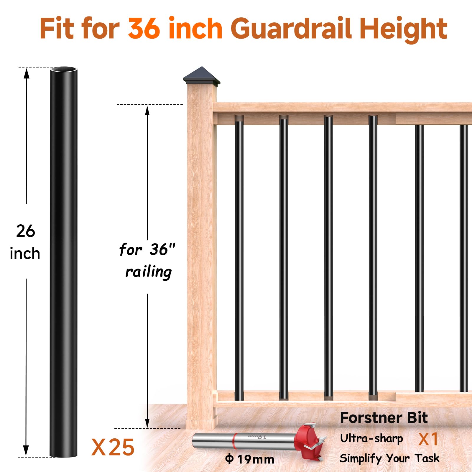 26"-15Pack Aluminum Deck Balusters Hollow Round Deck Railing Spindles Matte Coated Black For Wood And Composite Deck Indoor Outdoor