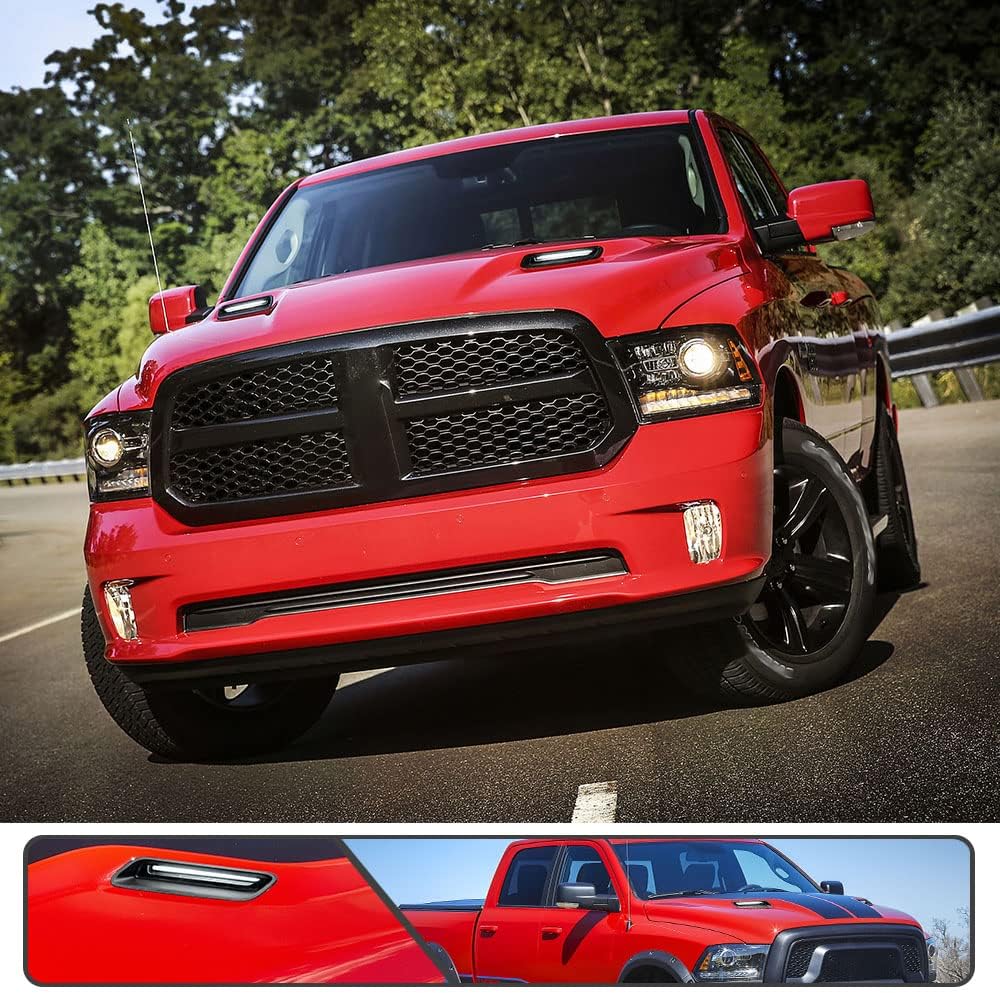 2Pcs White&Amber LED Hood Scoop Light for 2010-2018 Ram 1500 Sport Hood Air Flow Vent Grille Lamp with DRL Turn Signal Lights Functions Smoked Lens